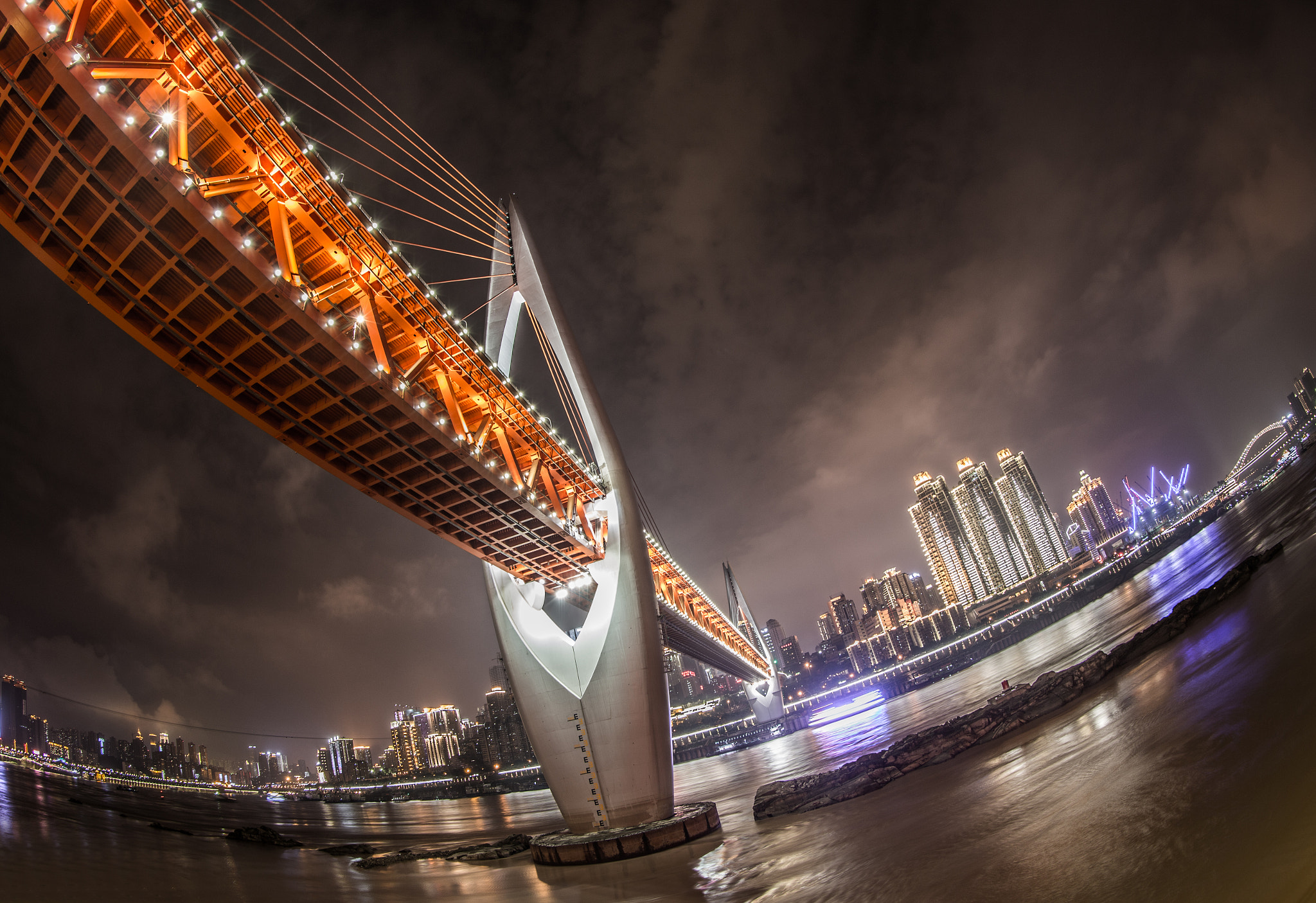 Canon EF 8-15mm F4L Fisheye USM sample photo. Chongqing lit up bridge photography