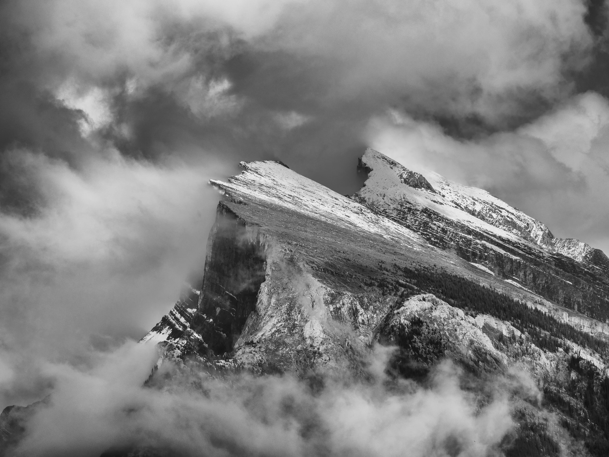 Olympus OM-D E-M5 sample photo. Mount rundle's peak in black and white on a cloudy day photography