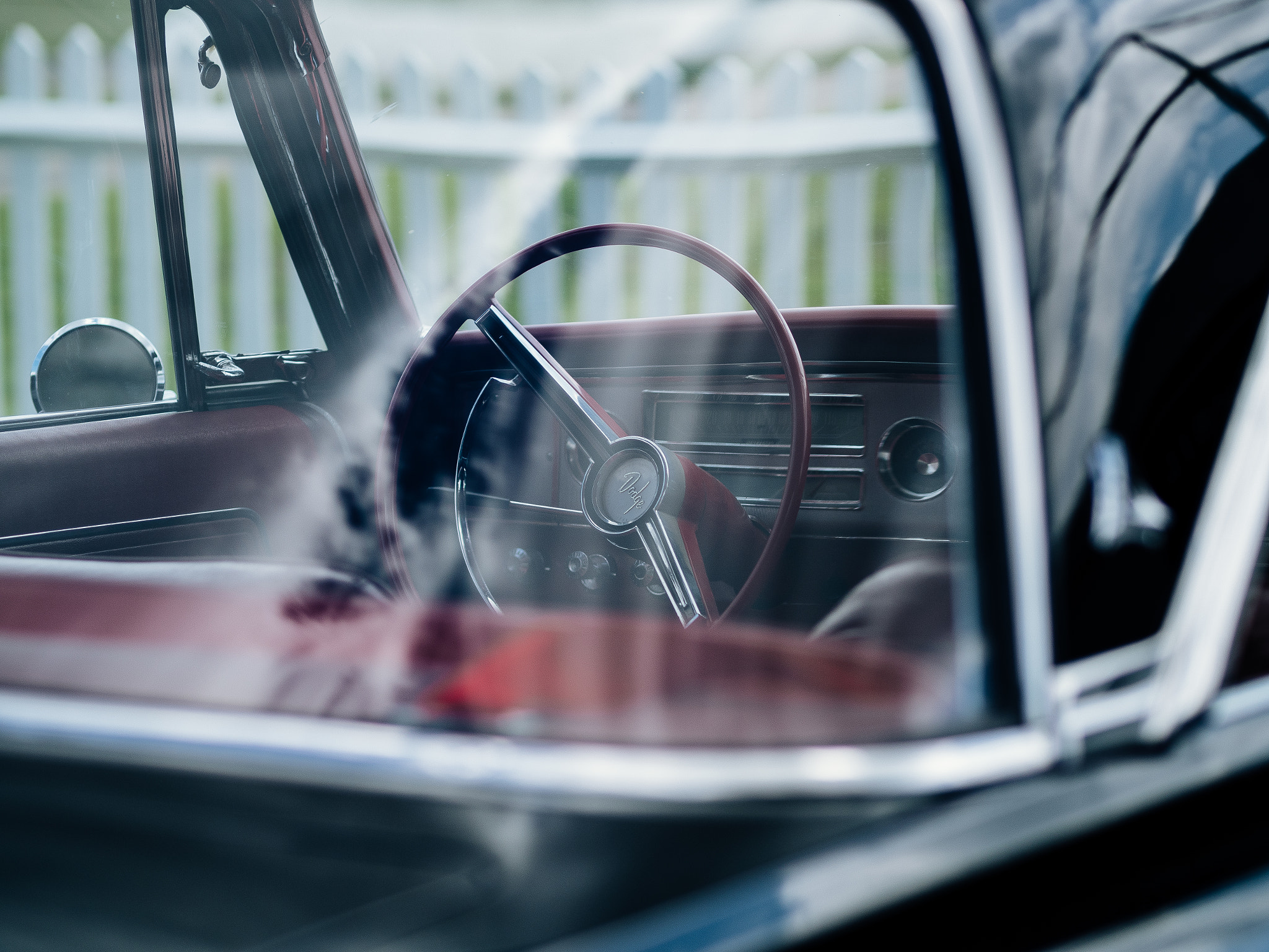 Olympus PEN-F + Olympus M.Zuiko Digital ED 75mm F1.8 sample photo. Old dodge interior photography