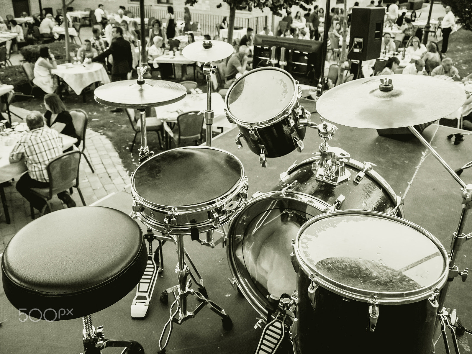 Panasonic Lumix DMC-GH3 sample photo. Drums in concert at restaurant black and white photography