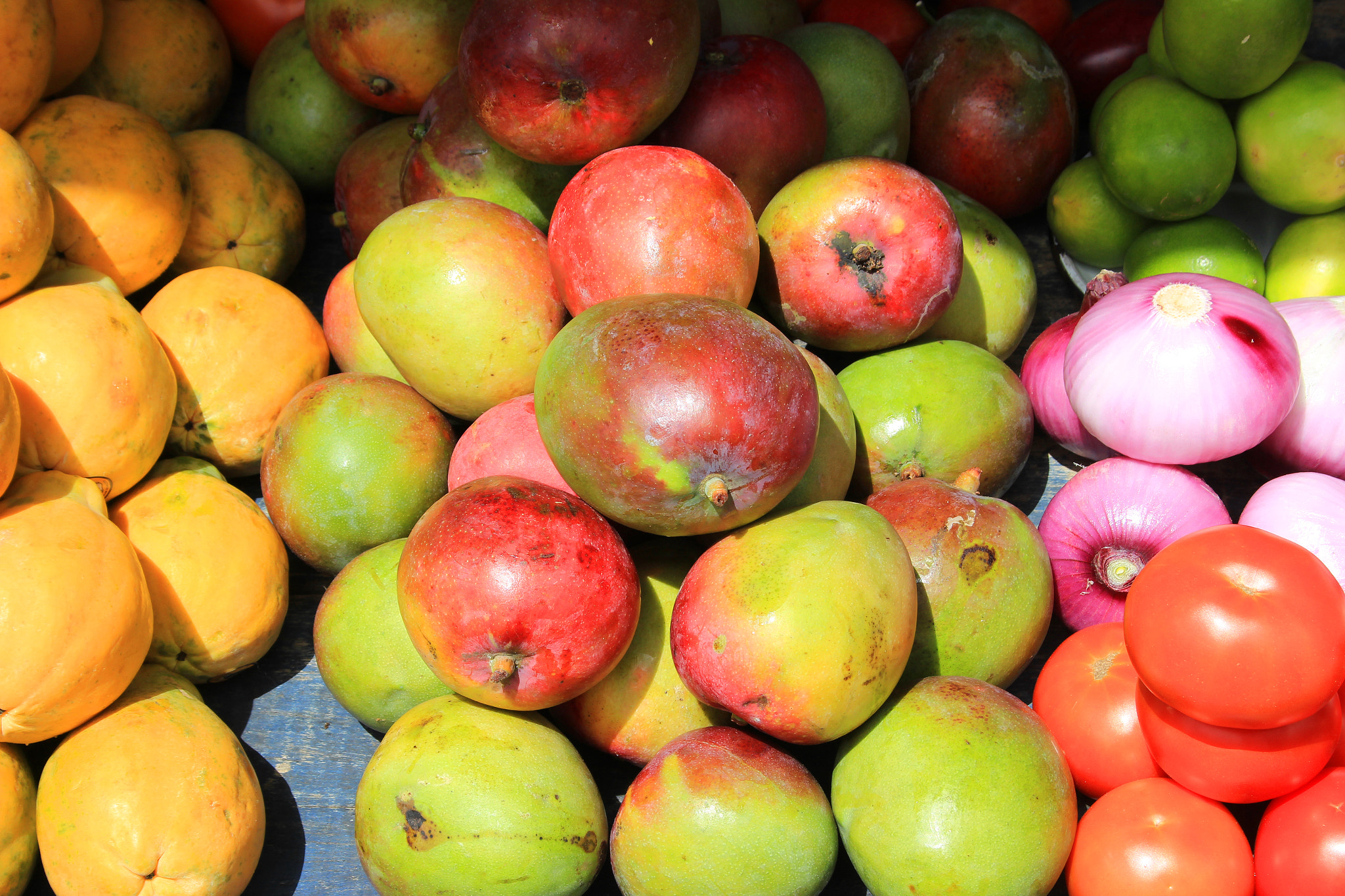 Canon EF-S 18-55mm F3.5-5.6 II sample photo. Lemons tomatoes mangos and onions photography