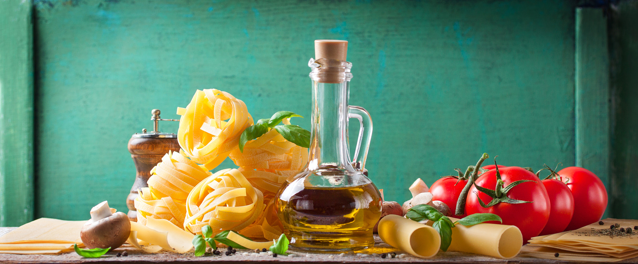 Canon EF-S 60mm F2.8 Macro USM sample photo. Food background or healthy concept with olive oil, fresh basil, pasta tagliatelle, mushrooms,... photography