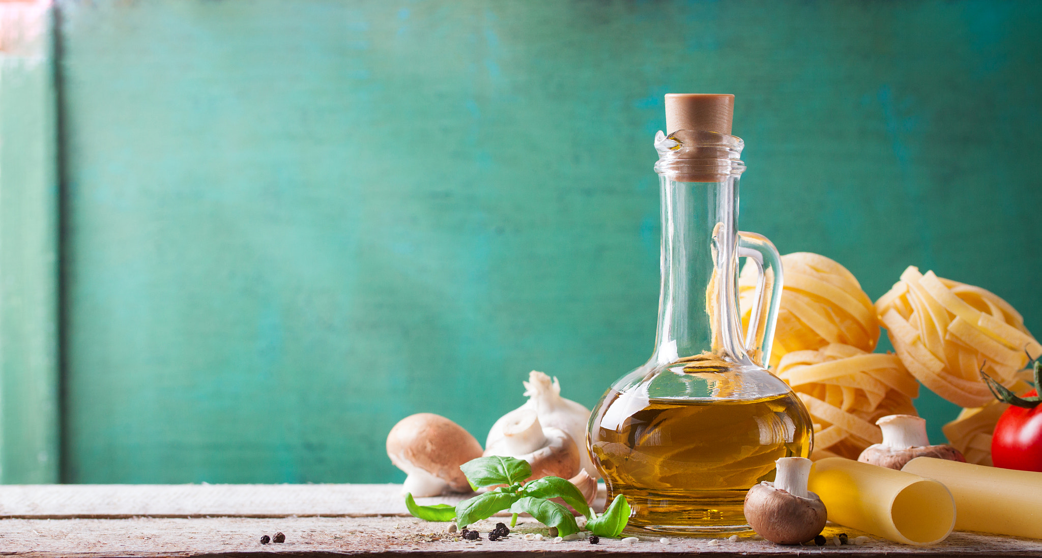 Canon EF-S 60mm F2.8 Macro USM sample photo. Food background or healthy concept with olive oil, fresh basil, pasta tagliatelle, mushrooms,... photography