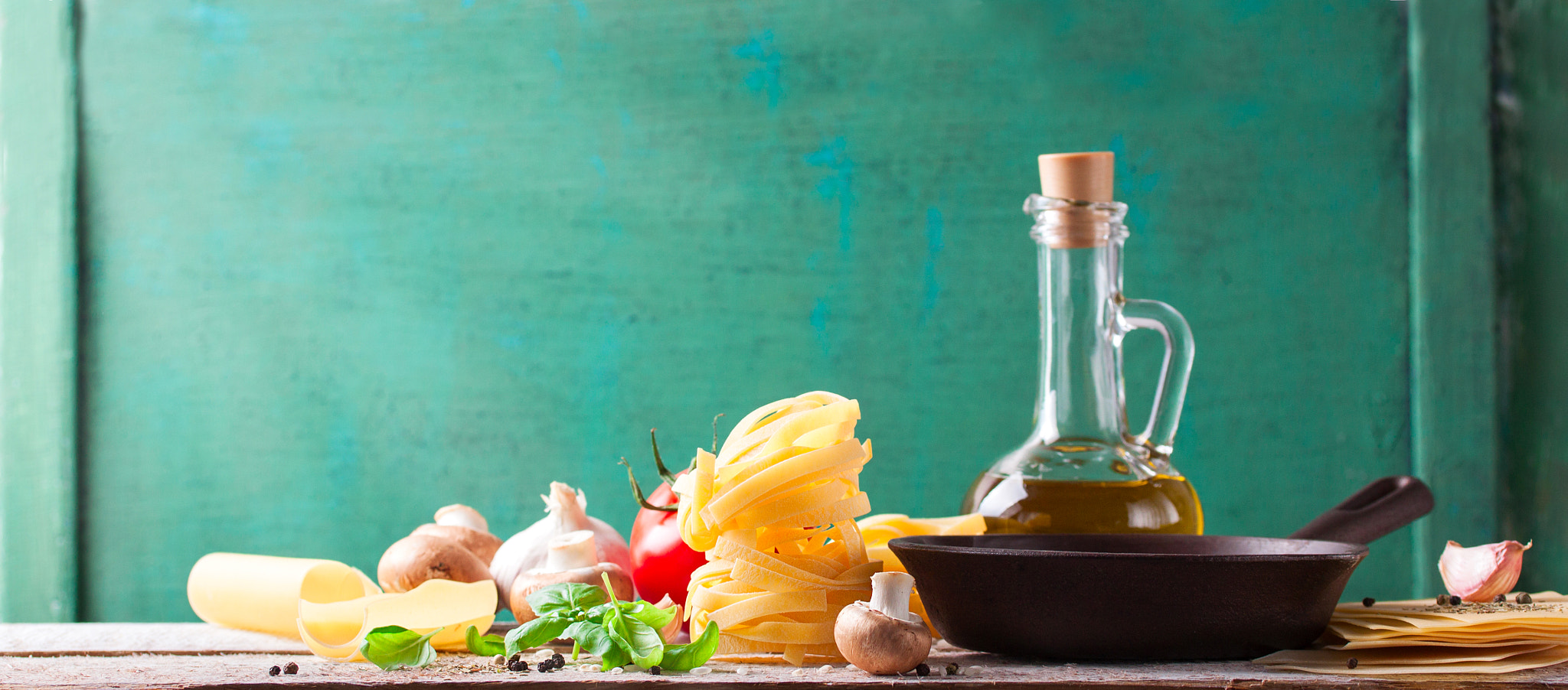 Canon EF-S 60mm F2.8 Macro USM sample photo. Food background or healthy concept with olive oil, fresh basil, pasta tagliatelle, mushrooms,... photography