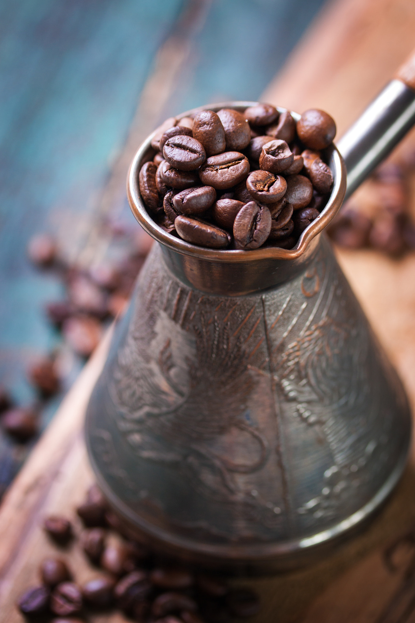 Canon EF-S 60mm F2.8 Macro USM sample photo. Roasted coffee beans in a cooper turk on a vintage background, closeup photography