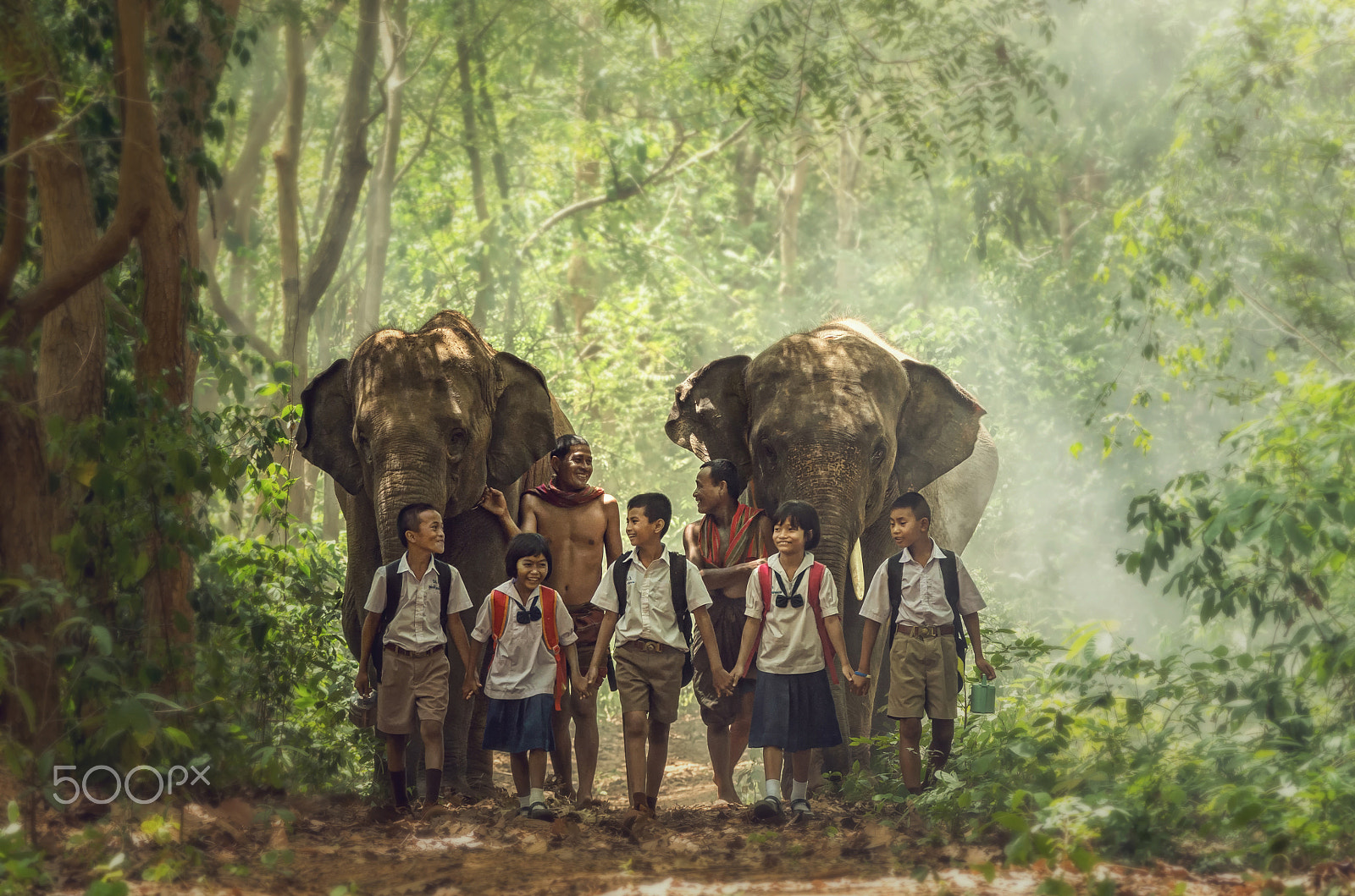 Pentax K-5 IIs sample photo. Group of people are walking the elephants in the deep forest, fa photography