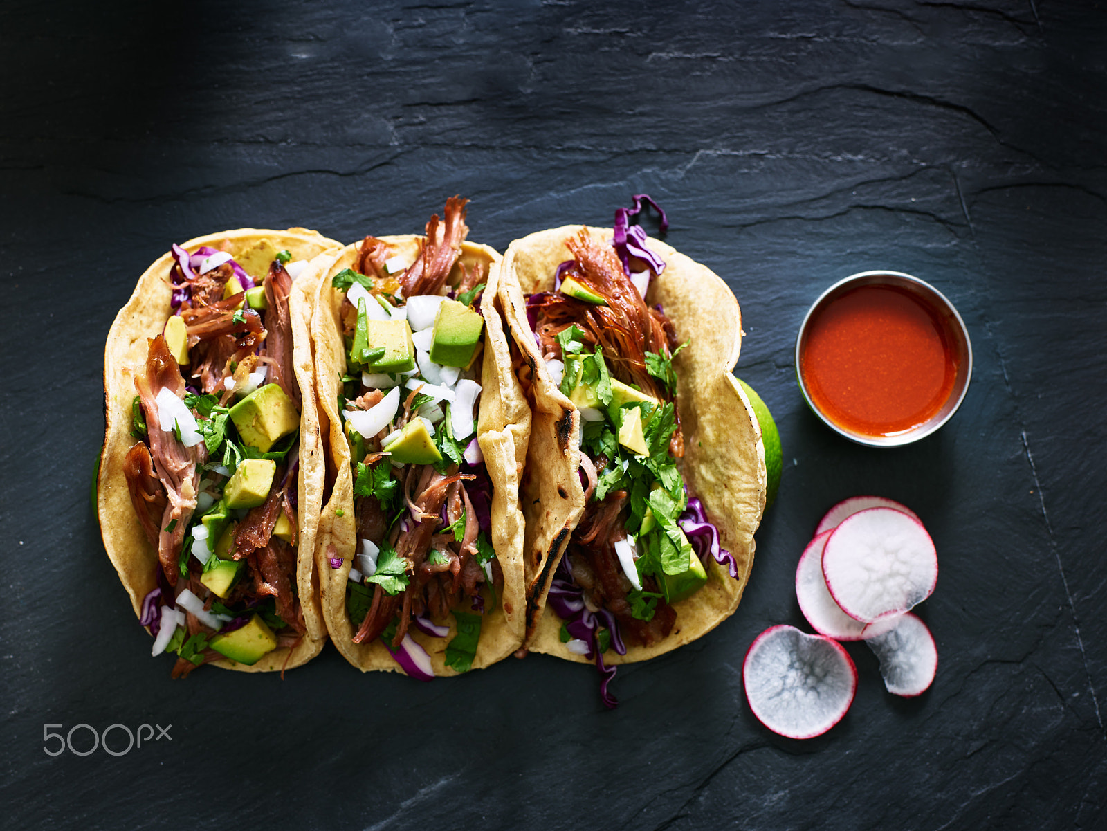 Phase One P65+ sample photo. Three mexican pork carnitas tacos flat lay composition photography