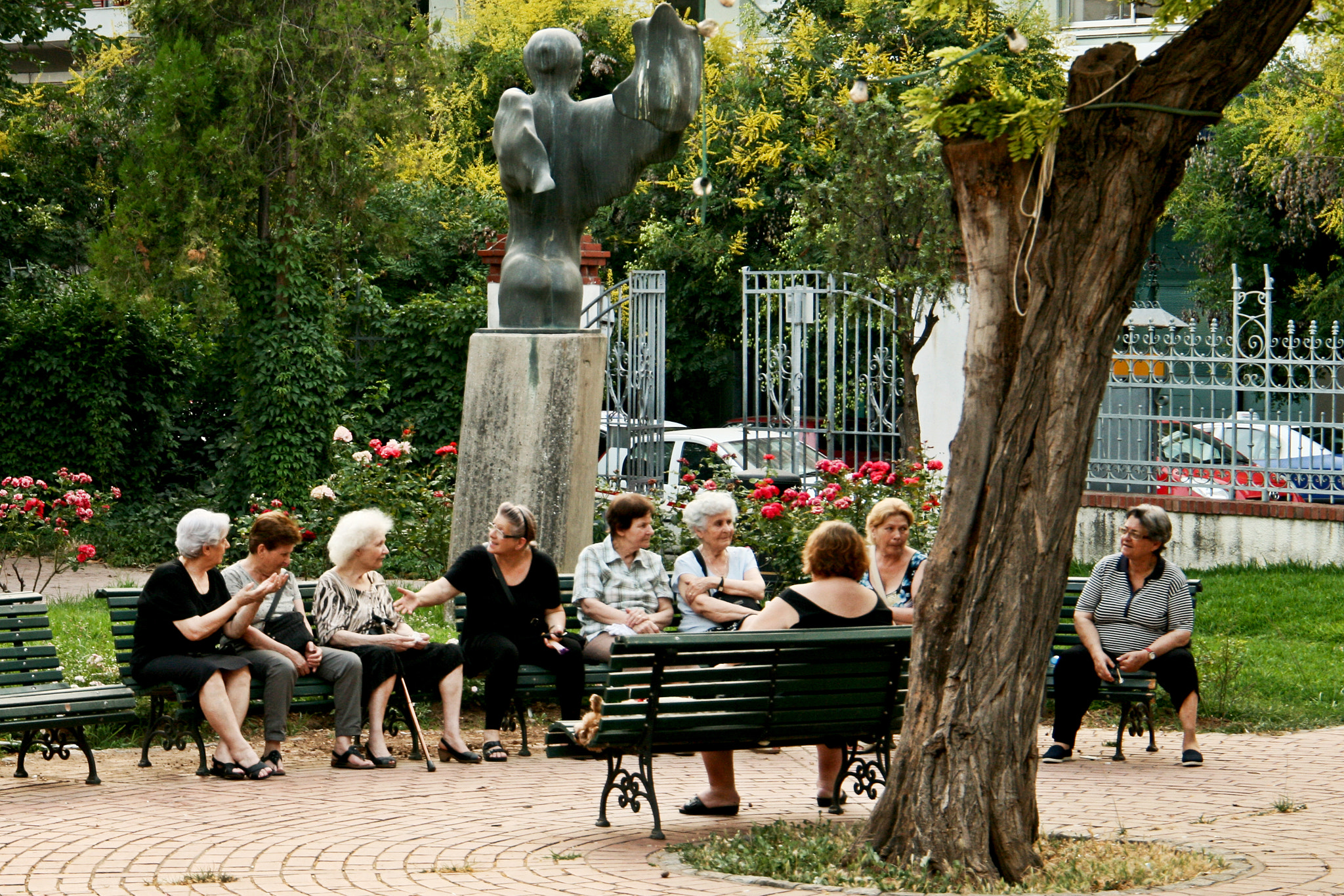 Canon EF 24-105mm F3.5-5.6 IS STM sample photo. Elderly ladies, statue and tree gathering photography