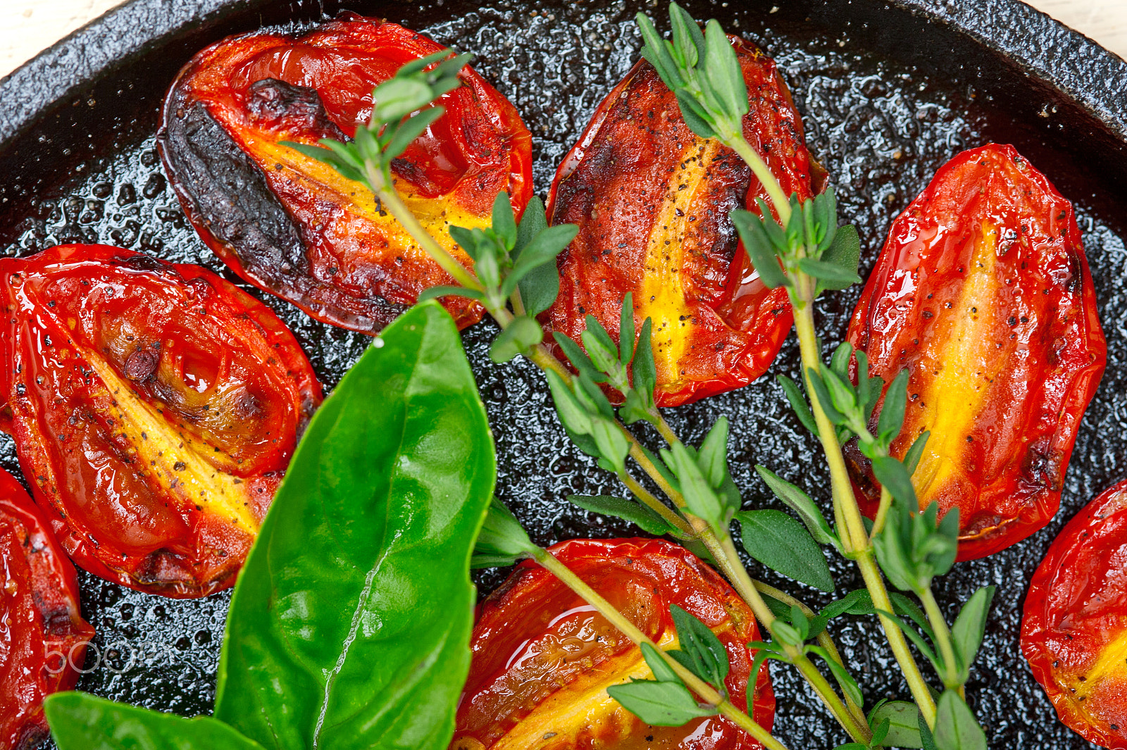 Nikon D700 + AF Micro-Nikkor 105mm f/2.8 sample photo. Baked cherry tomatoes with basil and thyme photography