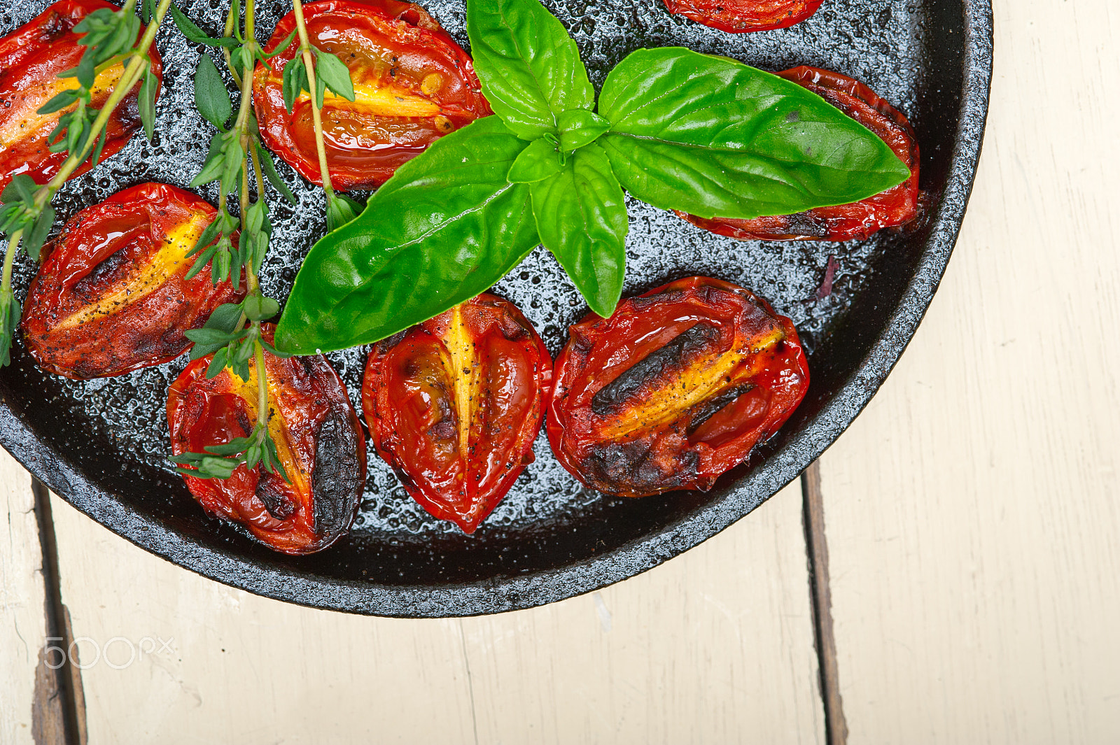 Nikon D700 + AF Micro-Nikkor 105mm f/2.8 sample photo. Baked cherry tomatoes with basil and thyme photography