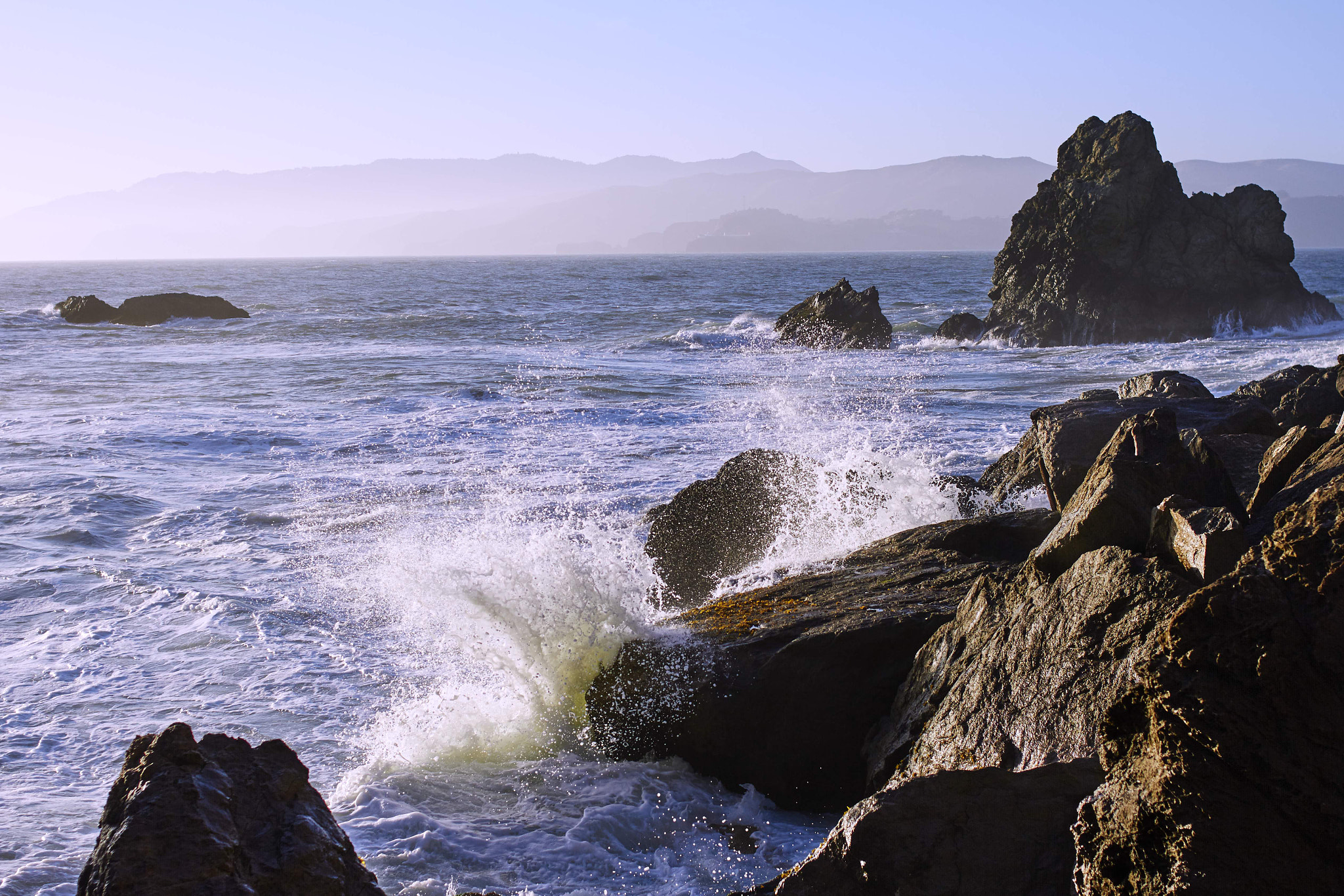 Canon EOS 7D + Canon EF 35mm F2 sample photo. Splash on sutro baths rocks photography