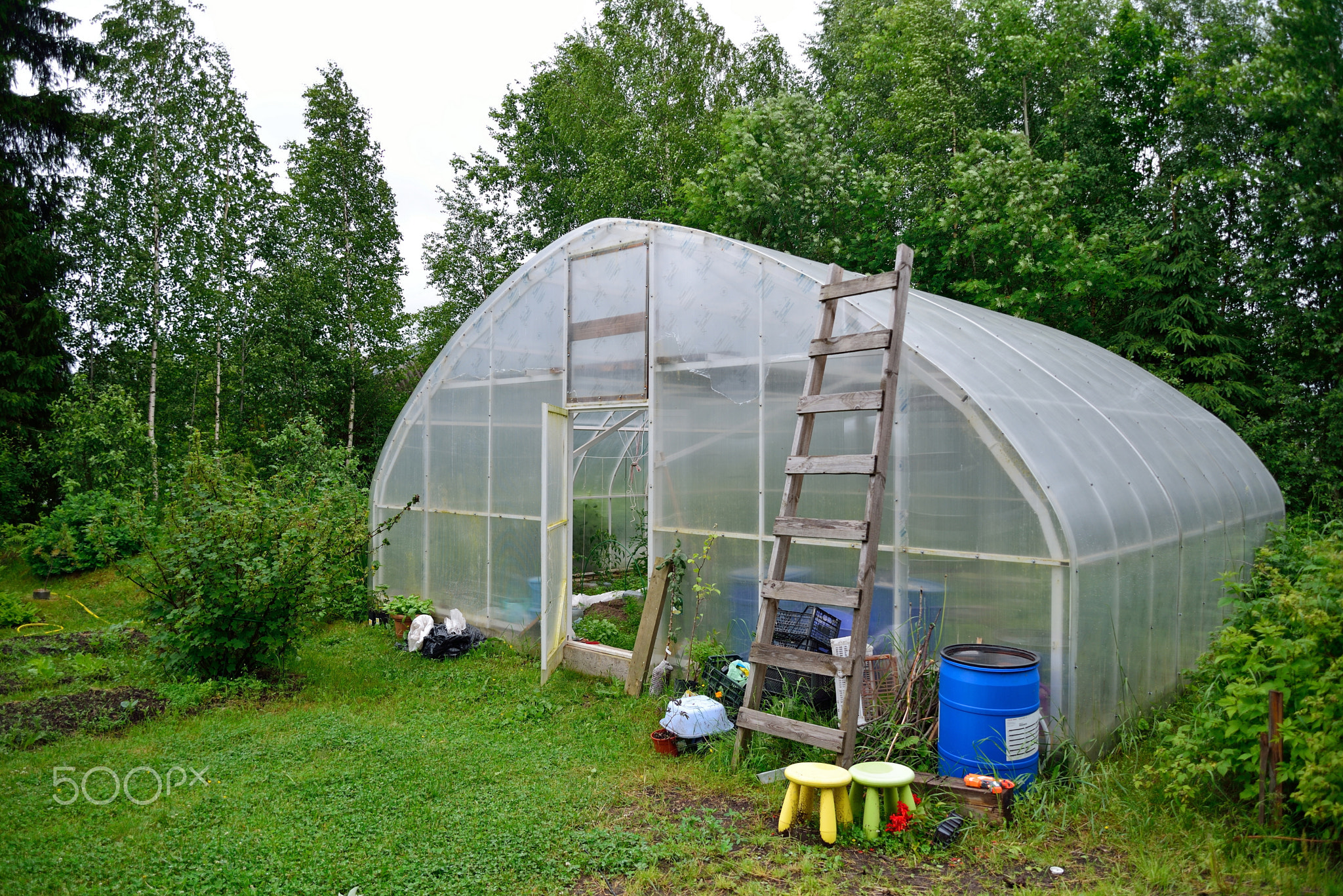 A large greenhouse made of polycarbonate , stairs and accessorie