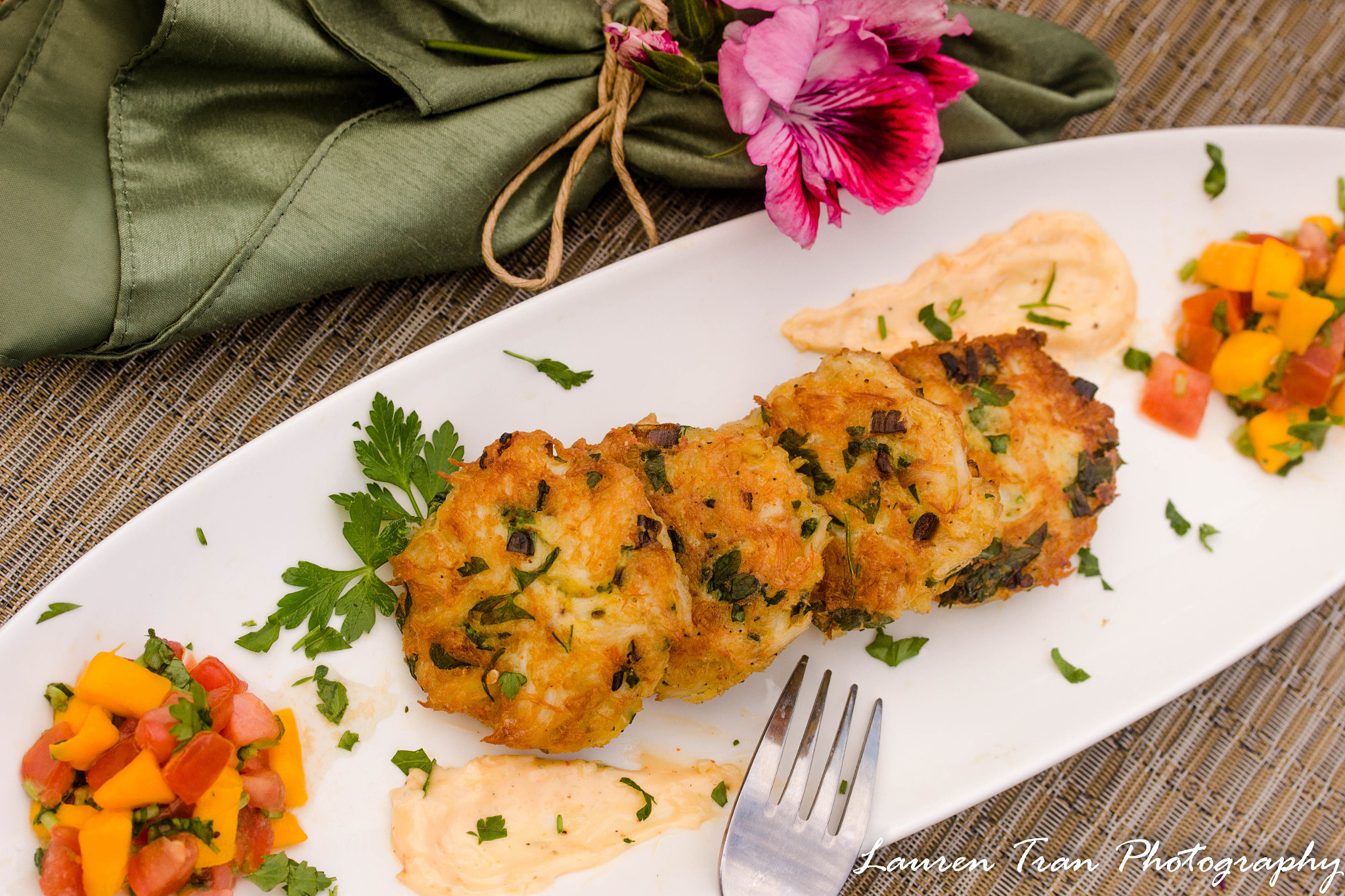 Canon EF-S 60mm F2.8 Macro USM sample photo. Crab cakes w/ garlic sriracha aioli & mango salsa photography