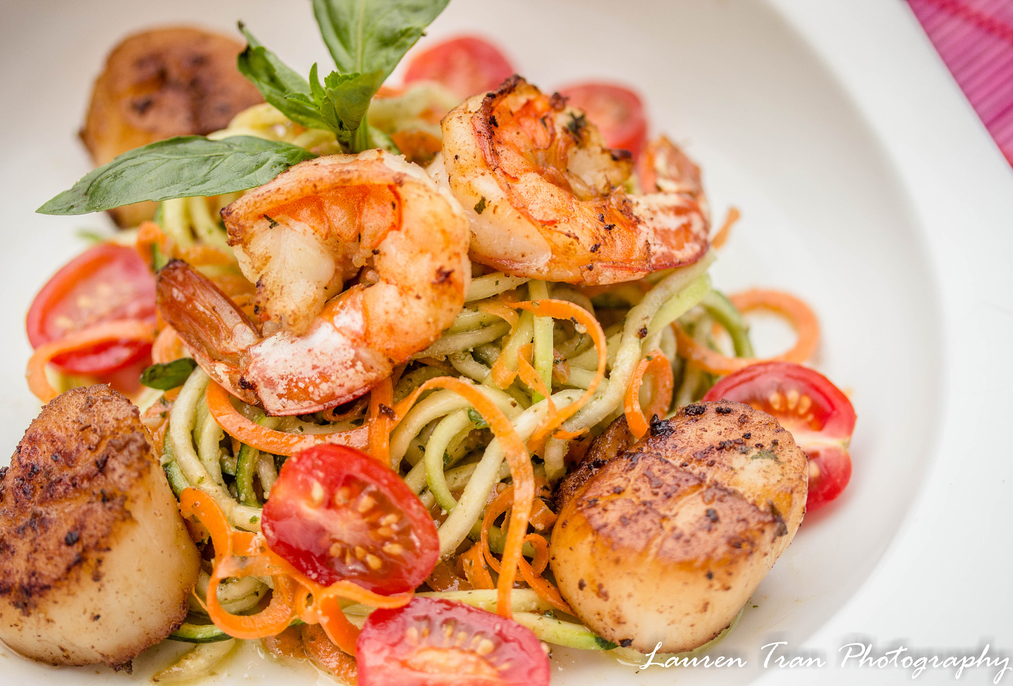 Canon EF-S 60mm F2.8 Macro USM sample photo. Seared shrimp & scallop over zuchini/carrots noodles and pesto sauce photography