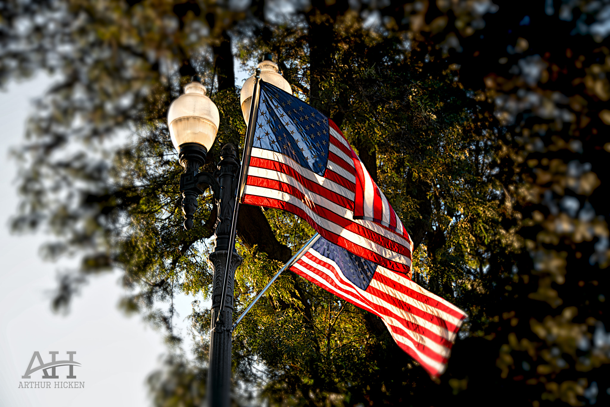 Sony a7R II + 24-105mm F4 sample photo. Flag and lightpost late afternoon photography