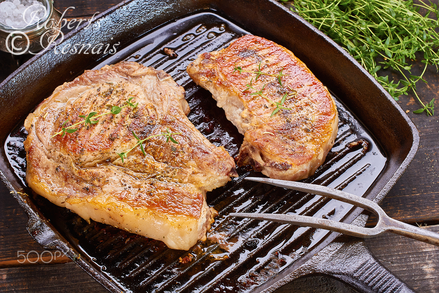 Canon EOS 60D + Canon EF 50mm F2.5 Macro sample photo. Grilled pork steak in a pan grill photography