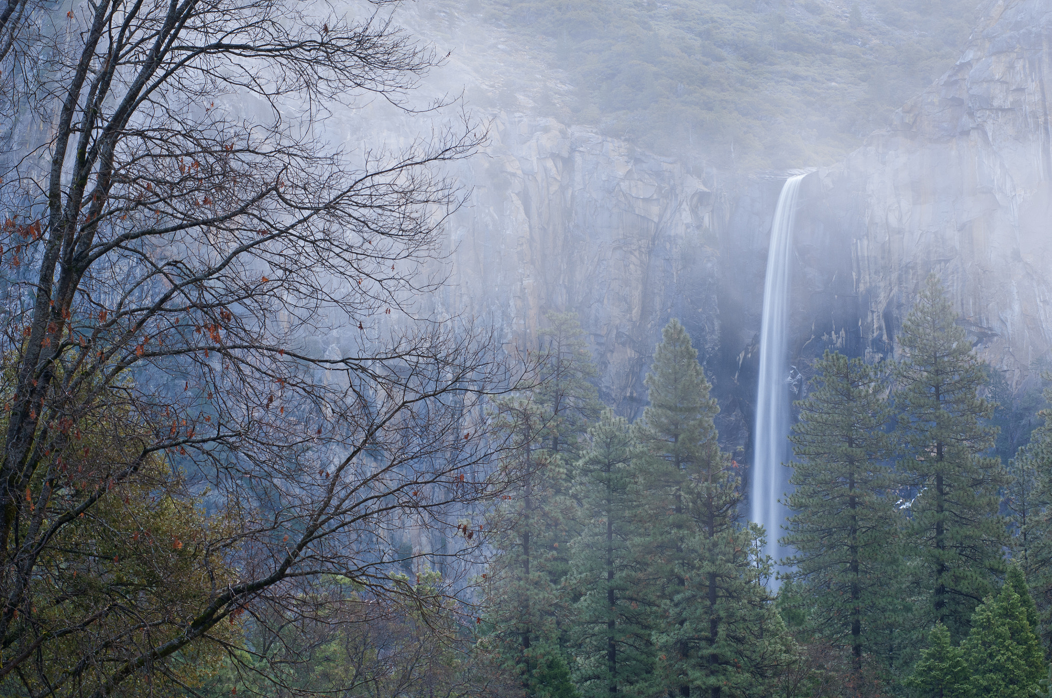 Nikon D2X sample photo. Bridal veil falls in fog photography
