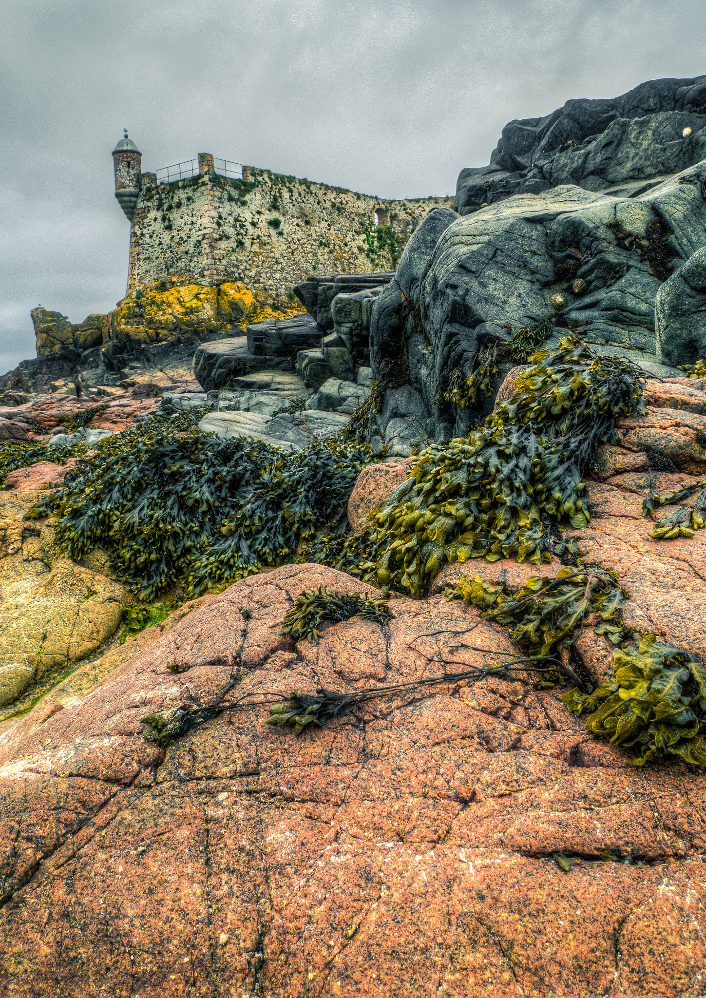 Olympus OM-D E-M5 II sample photo. Elizabeth castle and rocks, jersey photography
