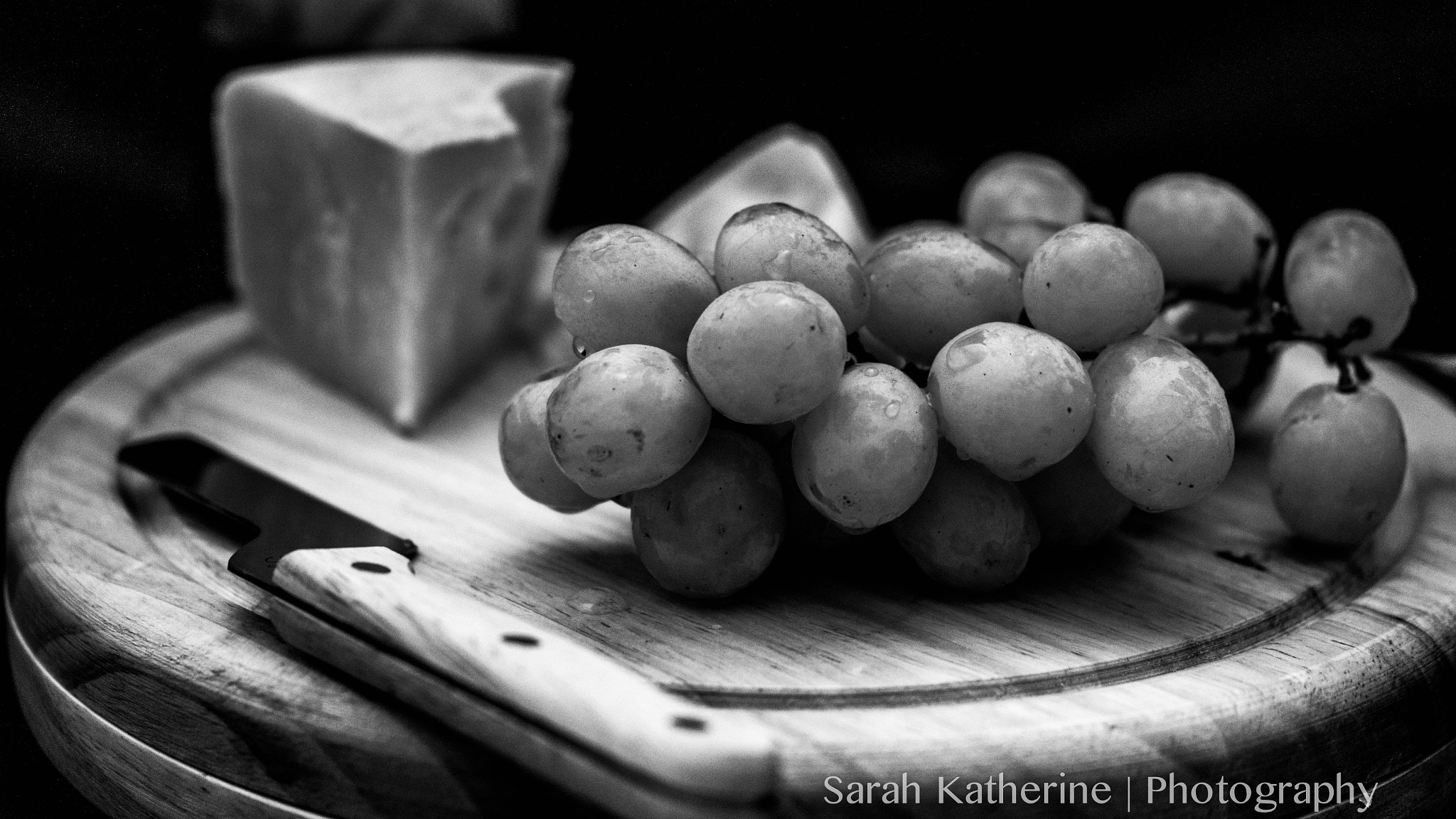 Samsung NX 60mm F2.8 Macro ED OIS SSA sample photo. Cheese and grapes b&w photography