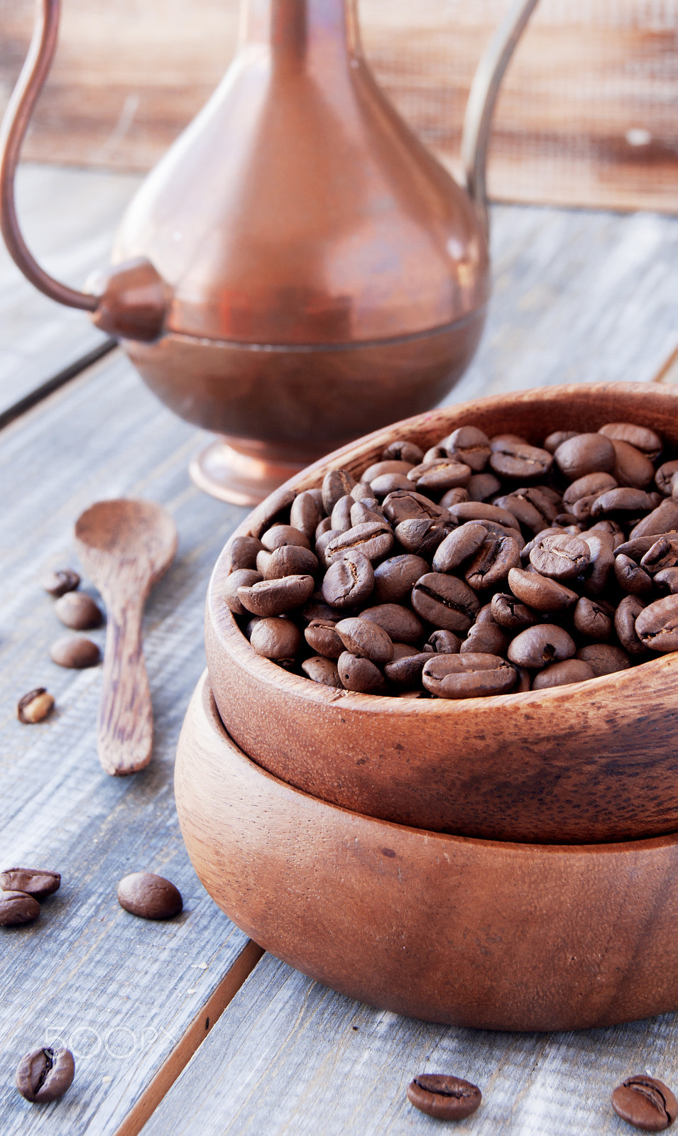 Sony Alpha DSLR-A380 + Sony DT 18-55mm F3.5-5.6 SAM sample photo. Roasted coffee beans in wooden bowl, selective focus photography