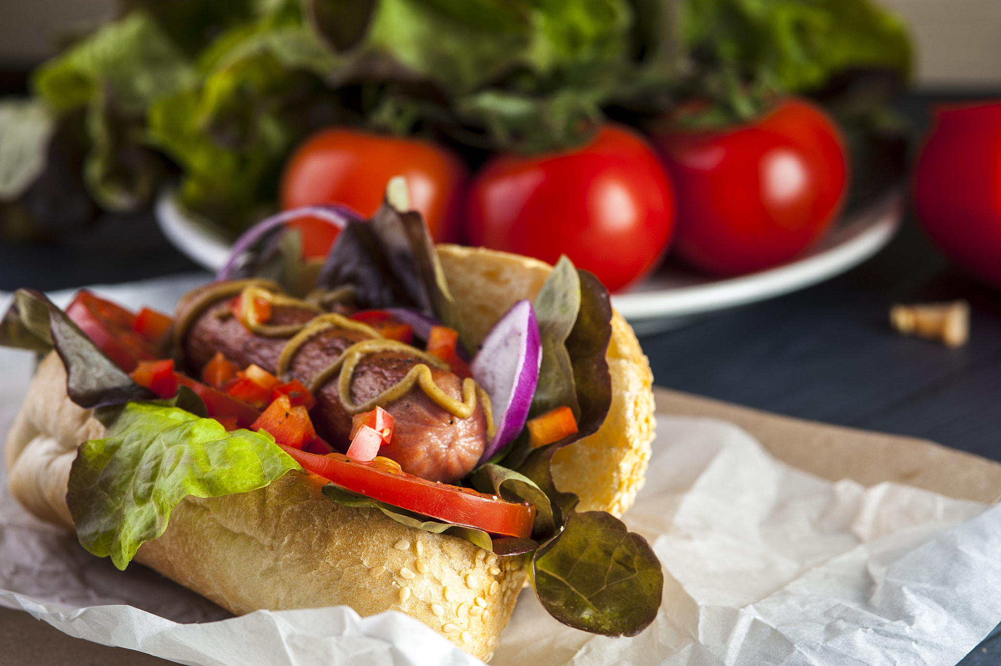 Nikon D700 + AF Micro-Nikkor 105mm f/2.8 sample photo. Tasty hot dog with vegetables. photography