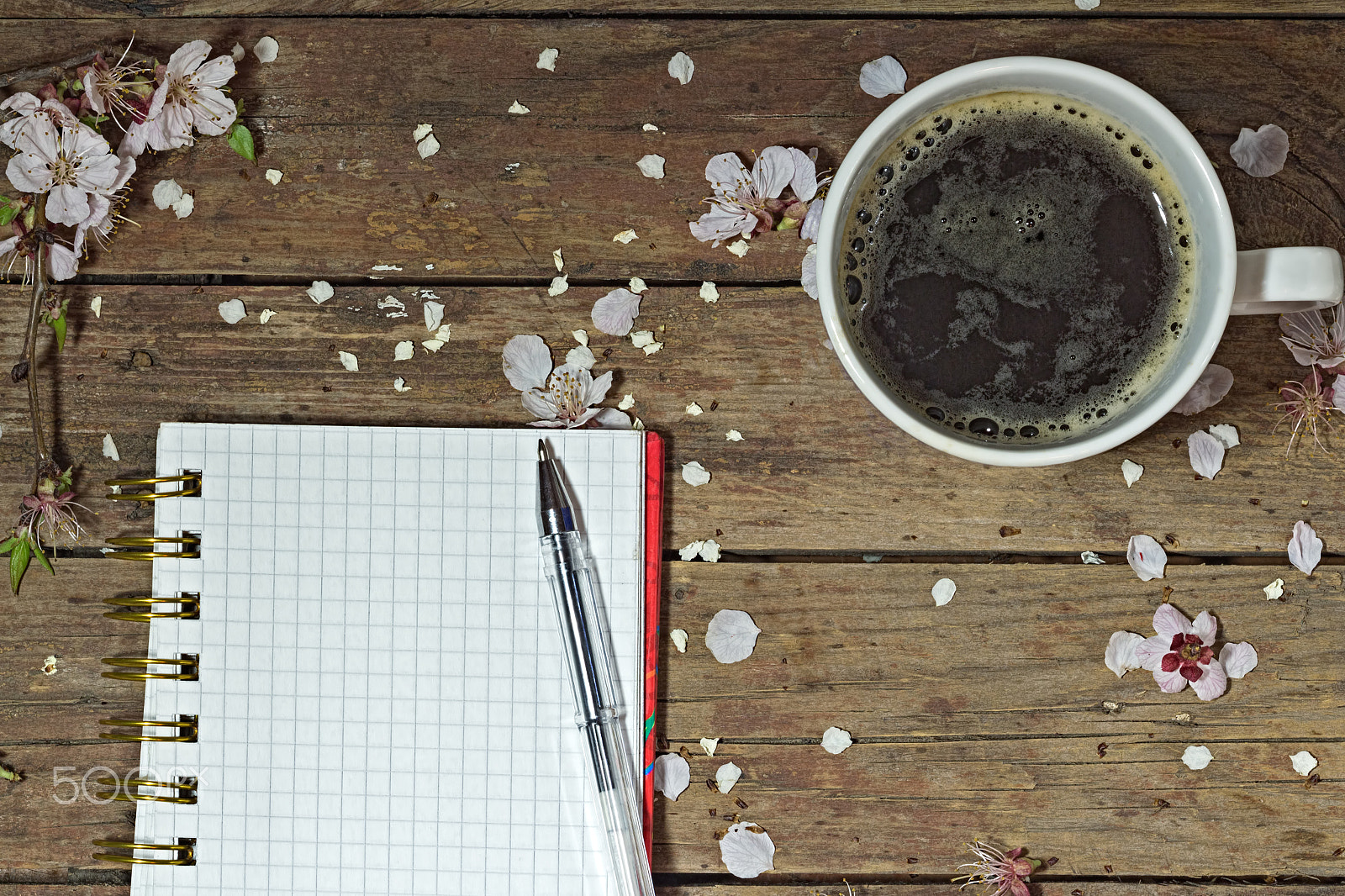 Canon EOS 650D (EOS Rebel T4i / EOS Kiss X6i) + Canon EF 100mm F2.8 Macro USM sample photo. Cup of coffee, notebook and petals on a wooden background photography