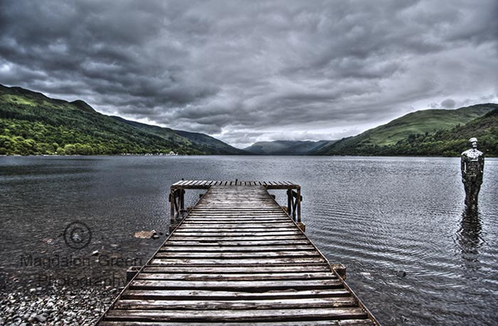 Nikon D700 + AF-S DX Zoom-Nikkor 18-55mm f/3.5-5.6G ED sample photo. Loch earn  - moody skies  - wooden pier and silver man  - scotla photography