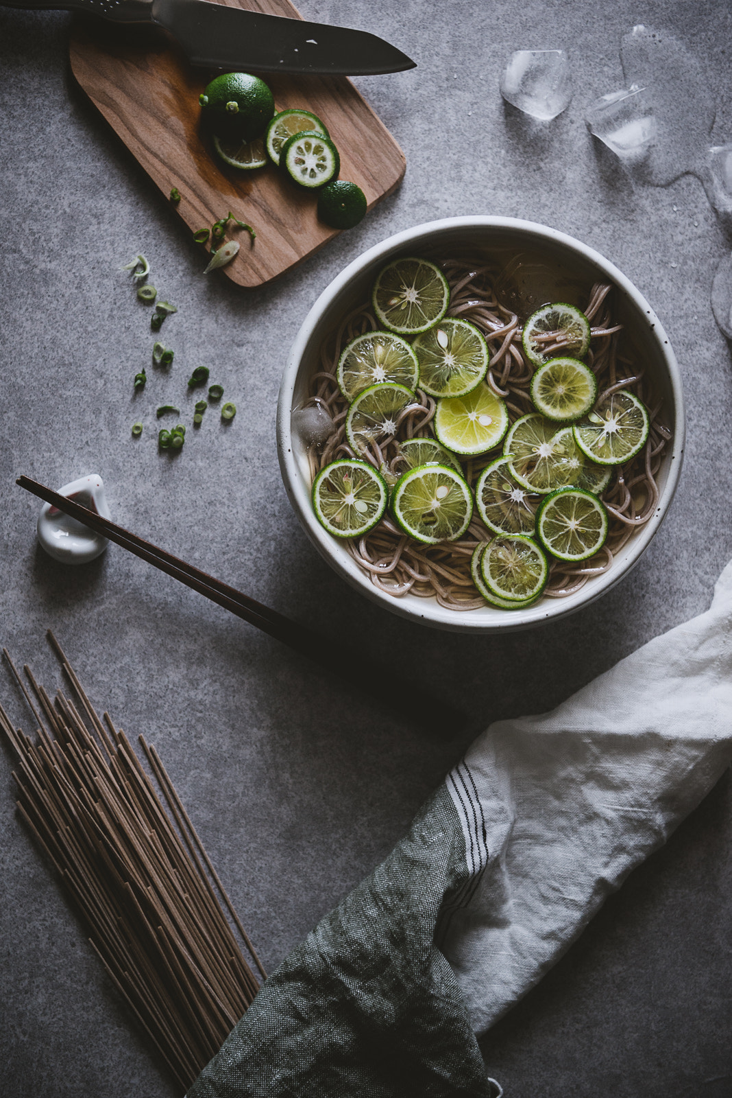 Nikon AF-S Nikkor 24-70mm F2.8E ED VR sample photo. Chilled soba noodles with japanese sudachi citrus. photography