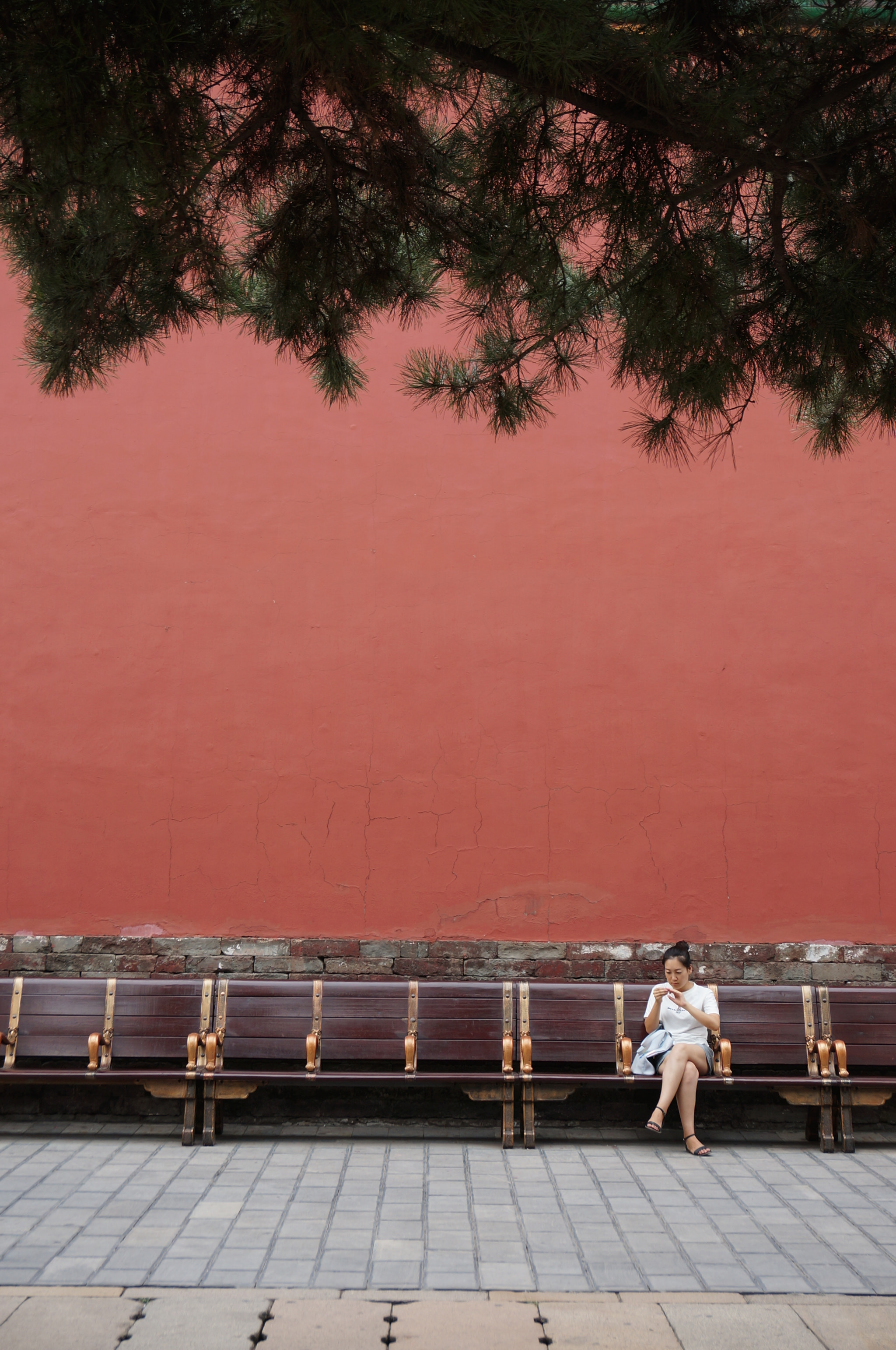 Sony Alpha NEX-5R + Sony E 18-50mm F4-5.6 sample photo. Lady sits under the wall photography