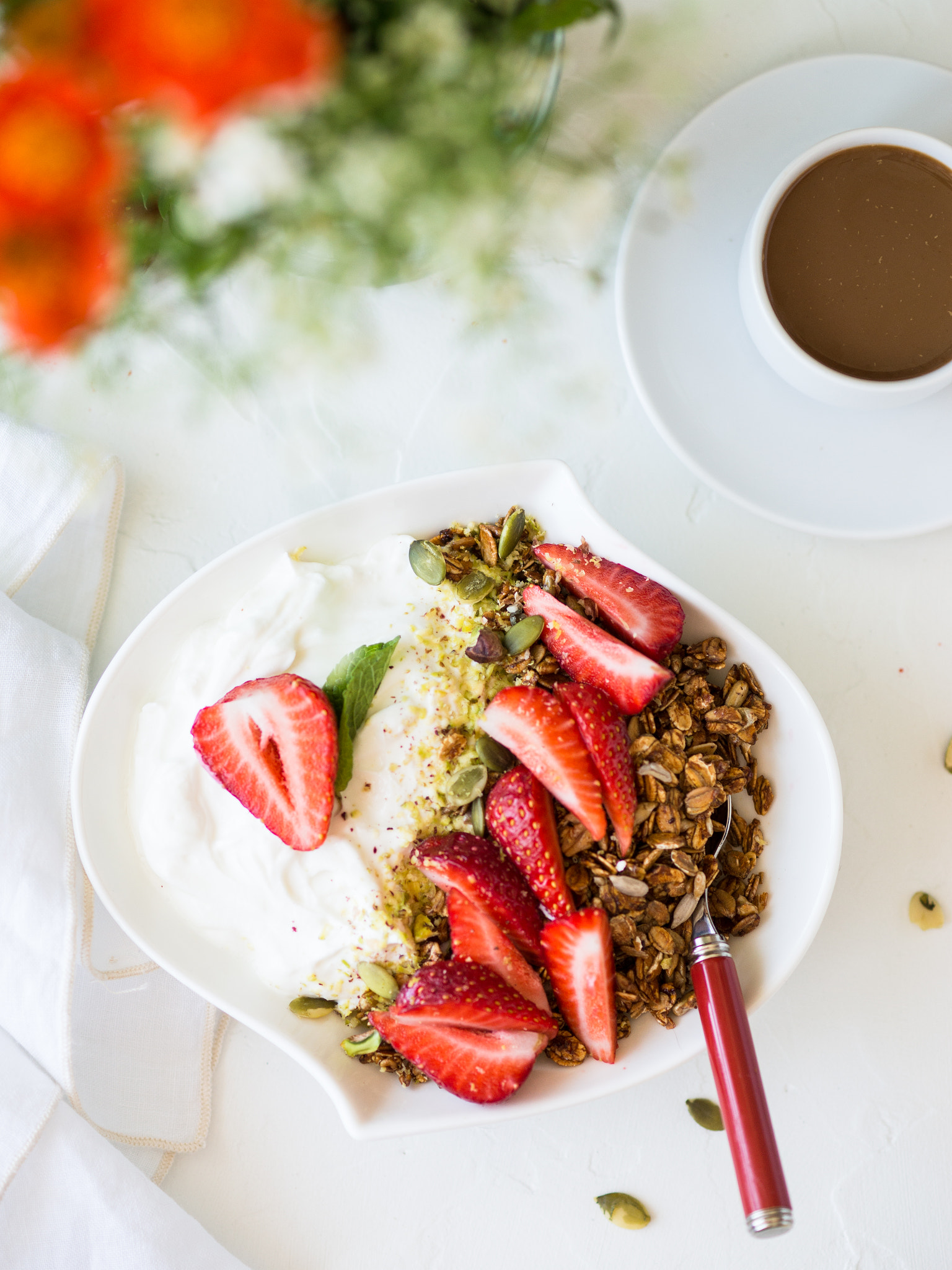Sony a99 II + Sony 100mm F2.8 Macro sample photo. Breakfast with granola and cottage cheese photography