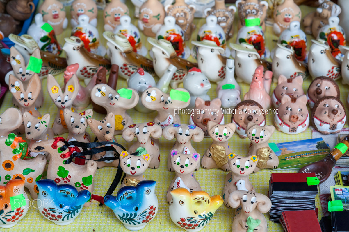 Canon EOS 1000D (EOS Digital Rebel XS / EOS Kiss F) + Canon EF-S 17-55mm F2.8 IS USM sample photo. Many ukrainian souvenirs clay figurines at the fair near photography