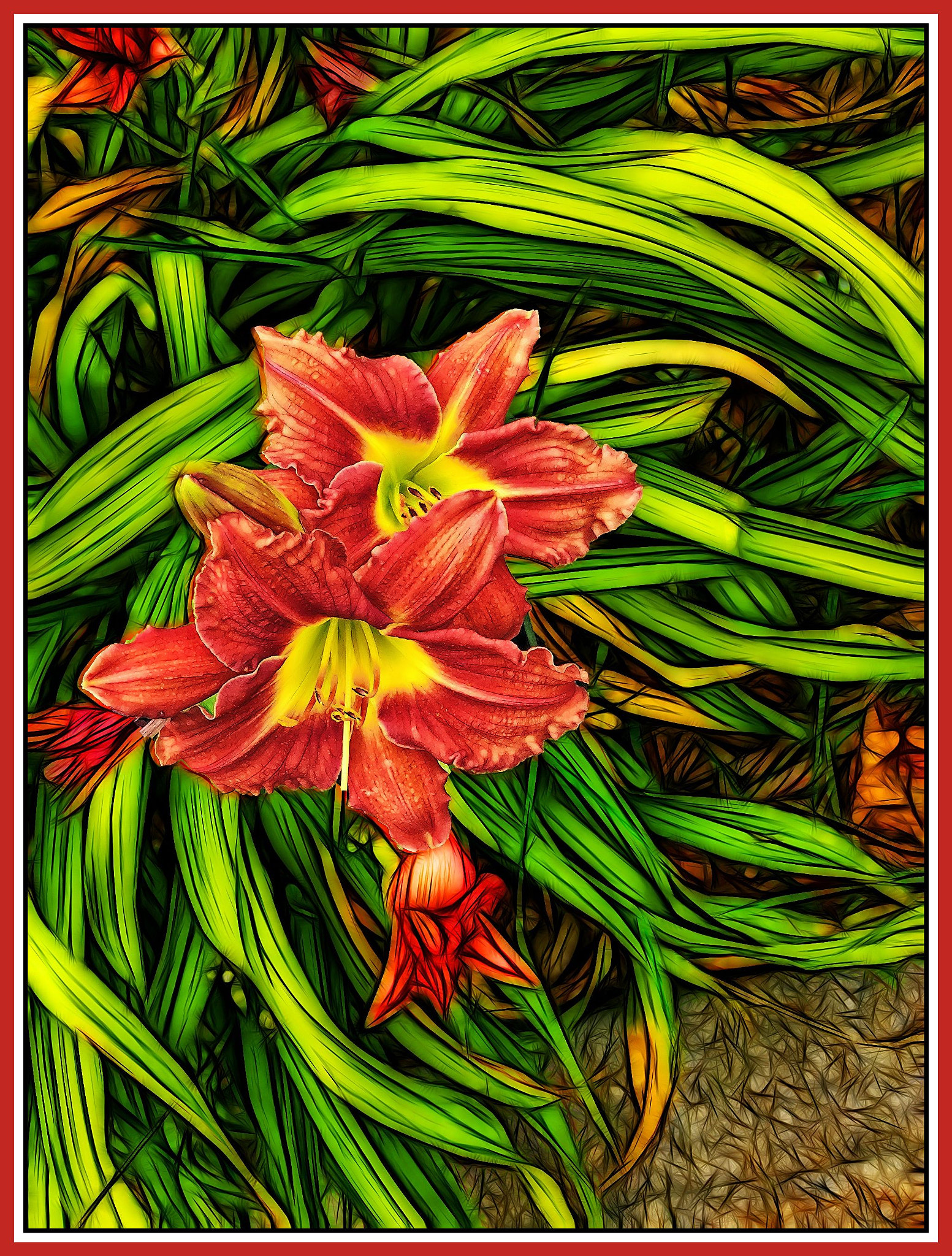 iPad Air back camera 3.3mm f/2.4 sample photo. Red lilies rising above swirling green grass photography
