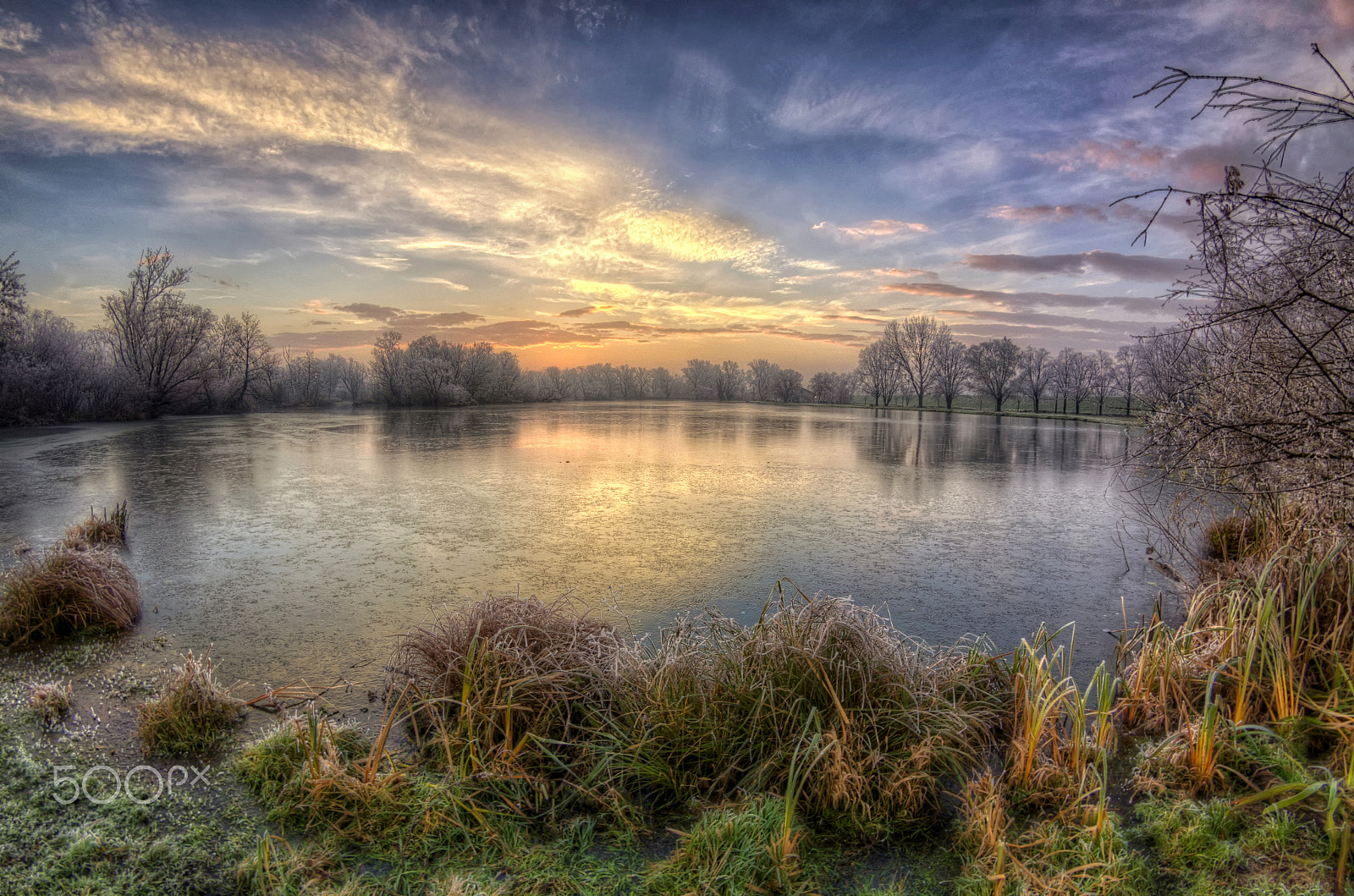 Pentax K-5 sample photo. Dawn on frozen lake photography