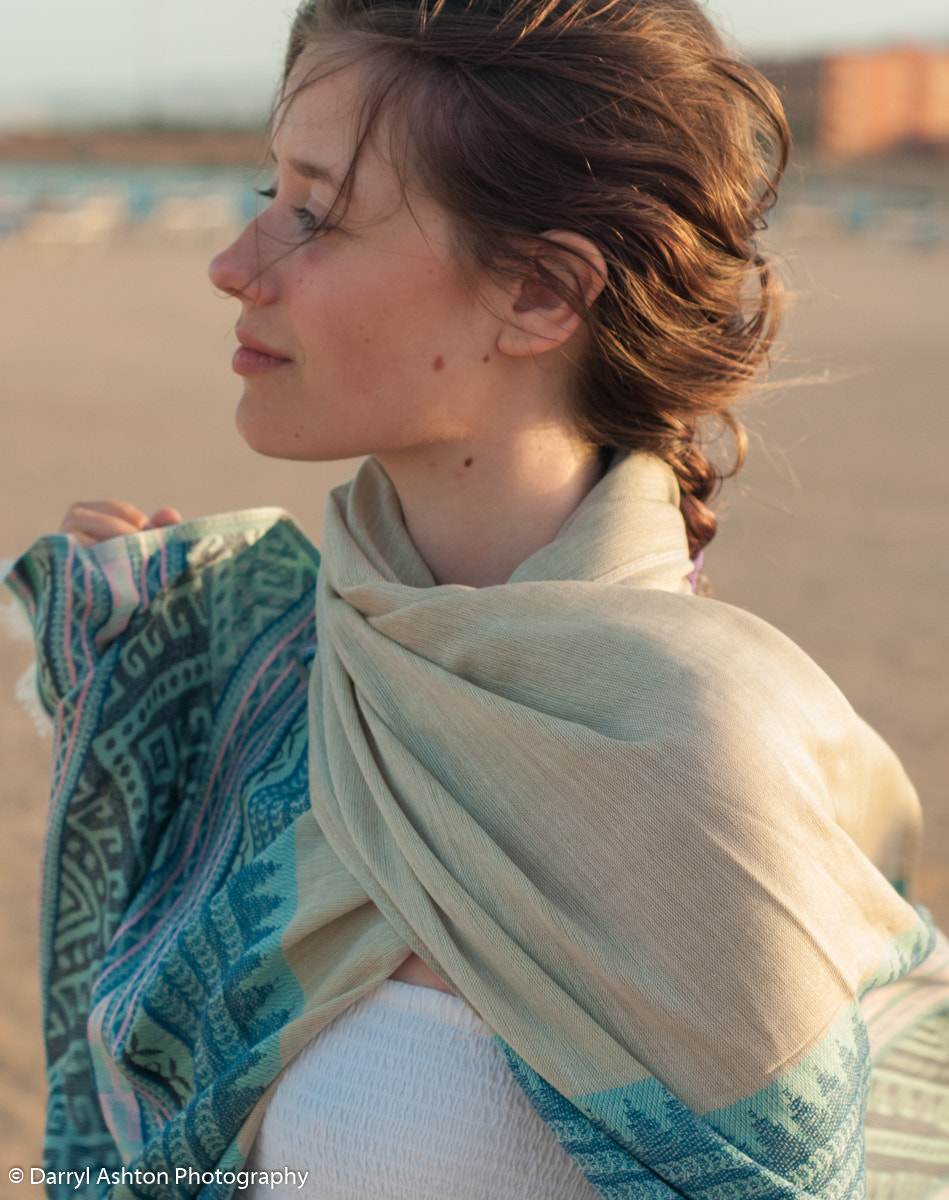 Nikon D300S + AF Nikkor 50mm f/1.8 sample photo. Patterned scarf on a beach at sunset photography