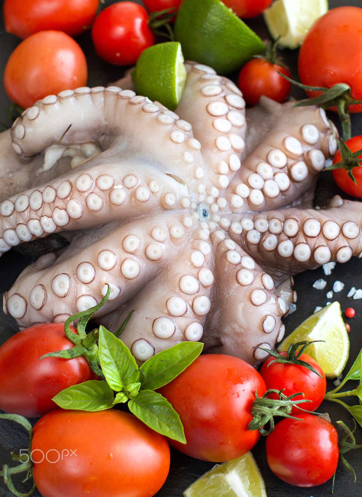 Canon EOS 650D (EOS Rebel T4i / EOS Kiss X6i) + Canon EF 50mm F1.2L USM sample photo. Raw octopus with lime, tomatoes and basil photography
