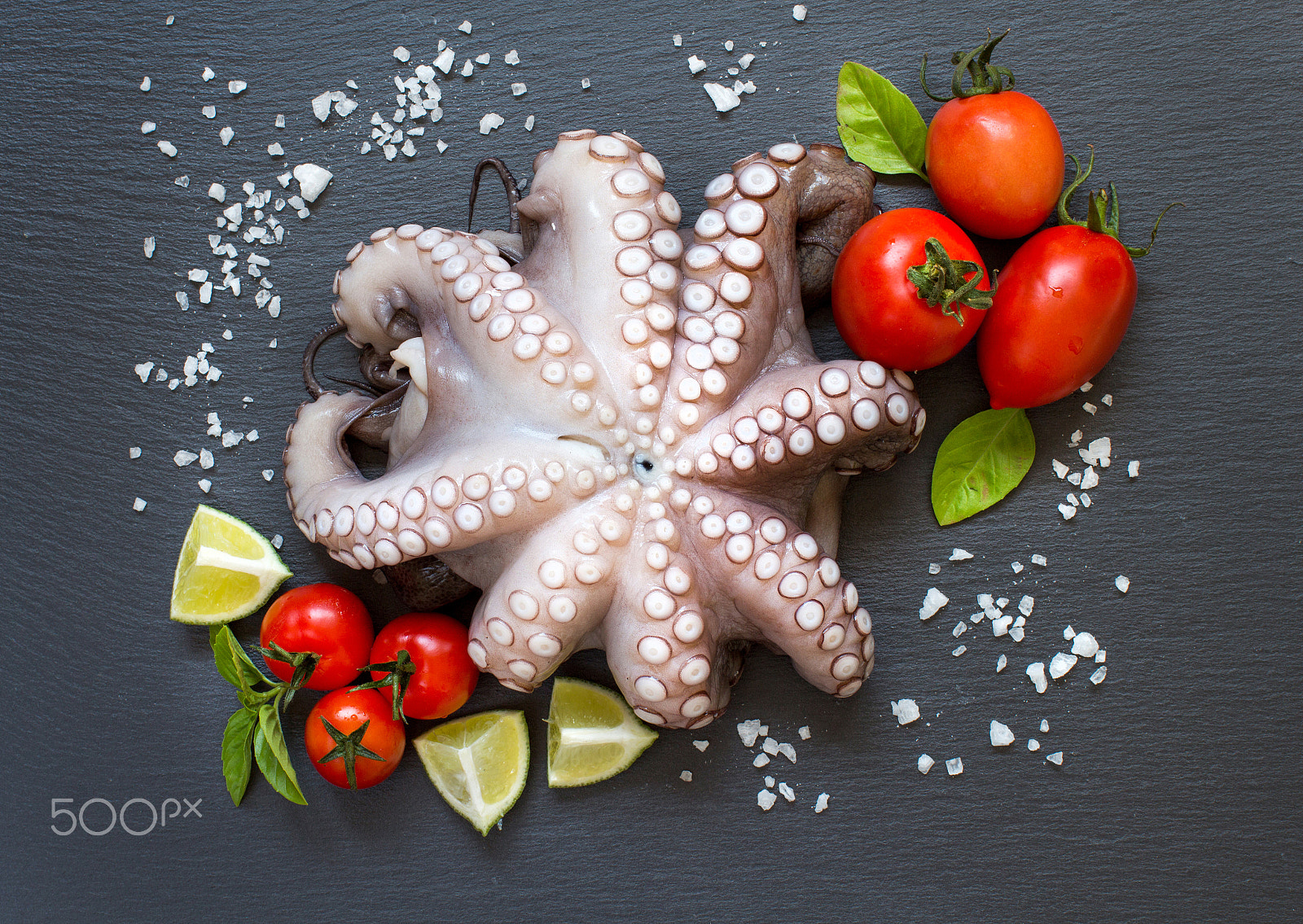 Canon EOS 650D (EOS Rebel T4i / EOS Kiss X6i) + Canon EF 50mm F1.2L USM sample photo. Raw octopus with lime, tomatoes and basil photography