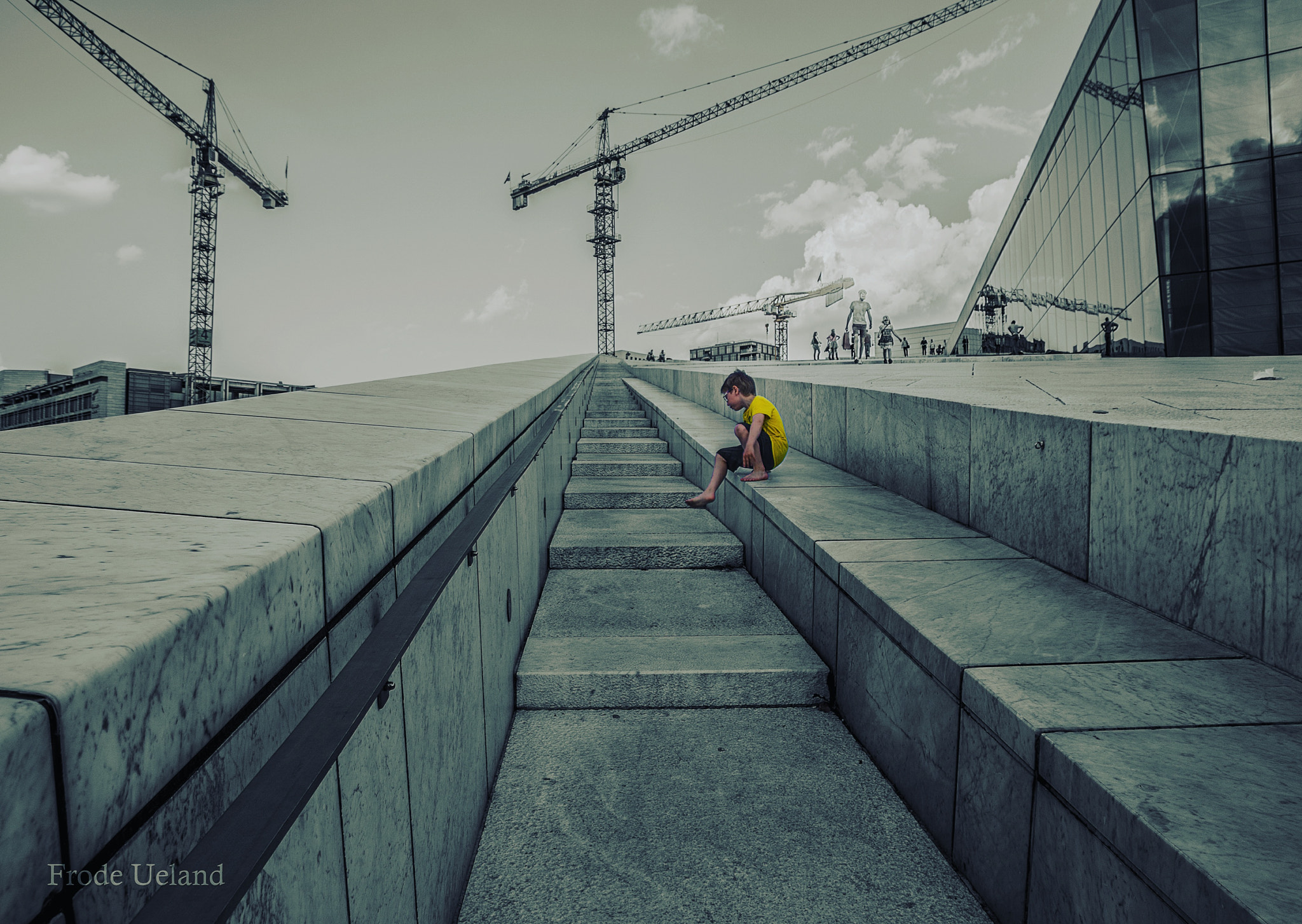 Sony ILCA-77M2 sample photo. My son exploring the roof on the norwegian operahouse photography