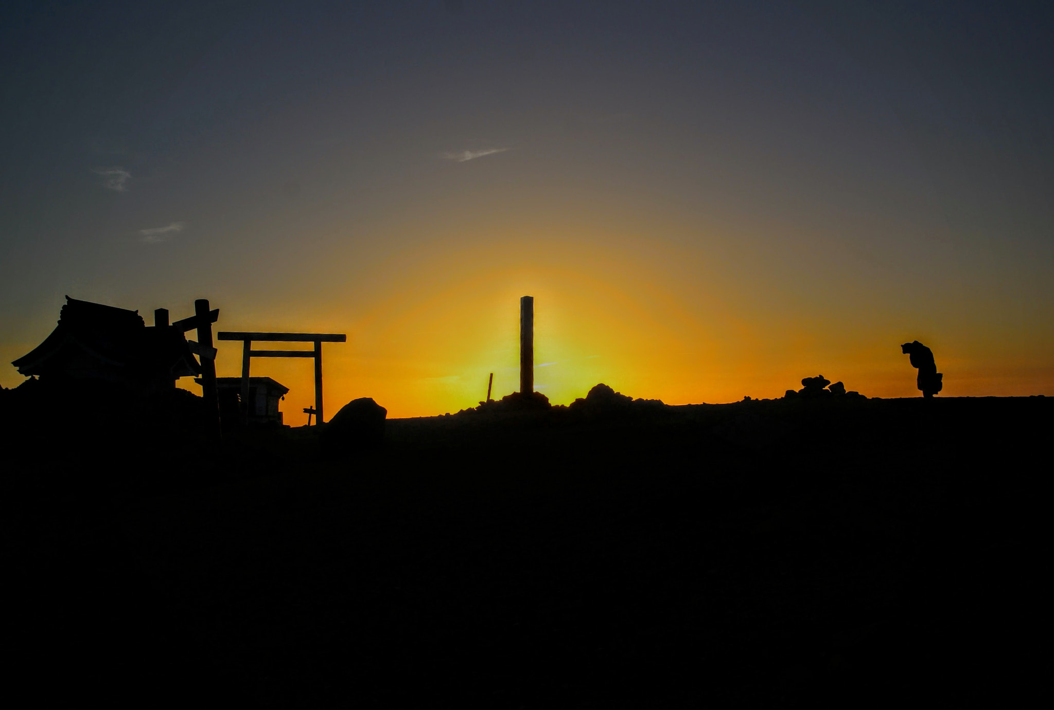 Sony Alpha DSLR-A100 sample photo. Sunset and shrine at the top of the mountain photography