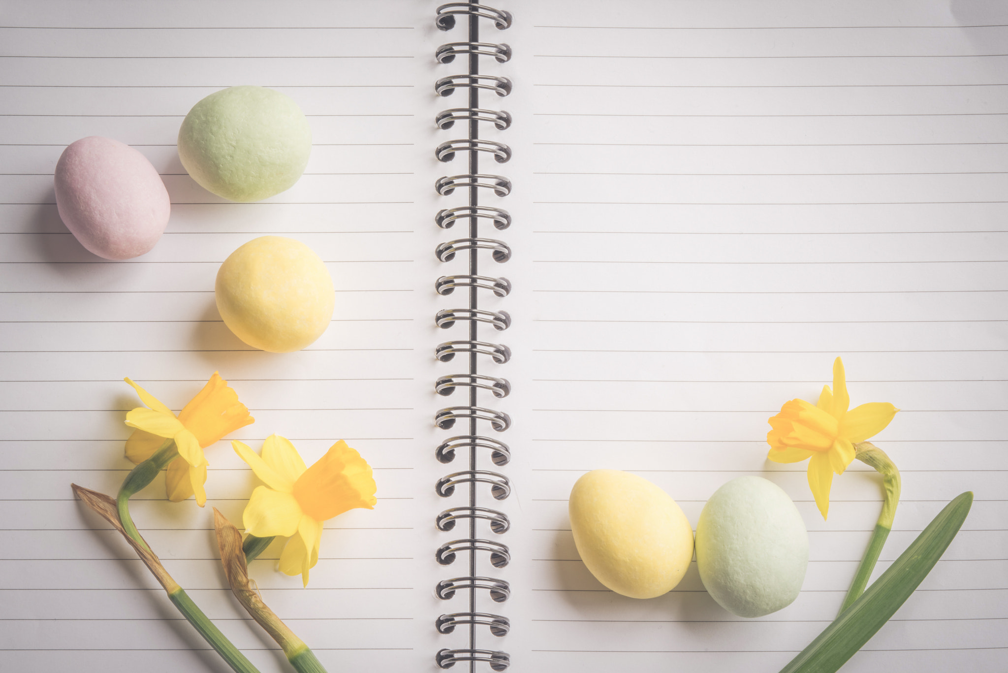 Sony a7R + Sony 70-400mm F4-5.6 G SSM II sample photo. Daffodils and easter eggs on paper photography