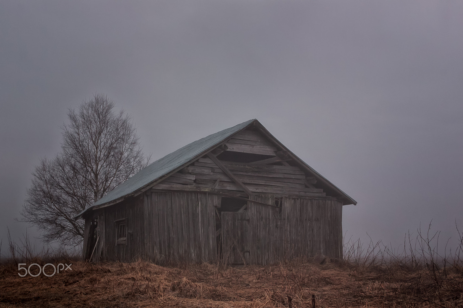 Canon EF-S 24mm F2.8 STM sample photo. Foggy night by the barn house photography
