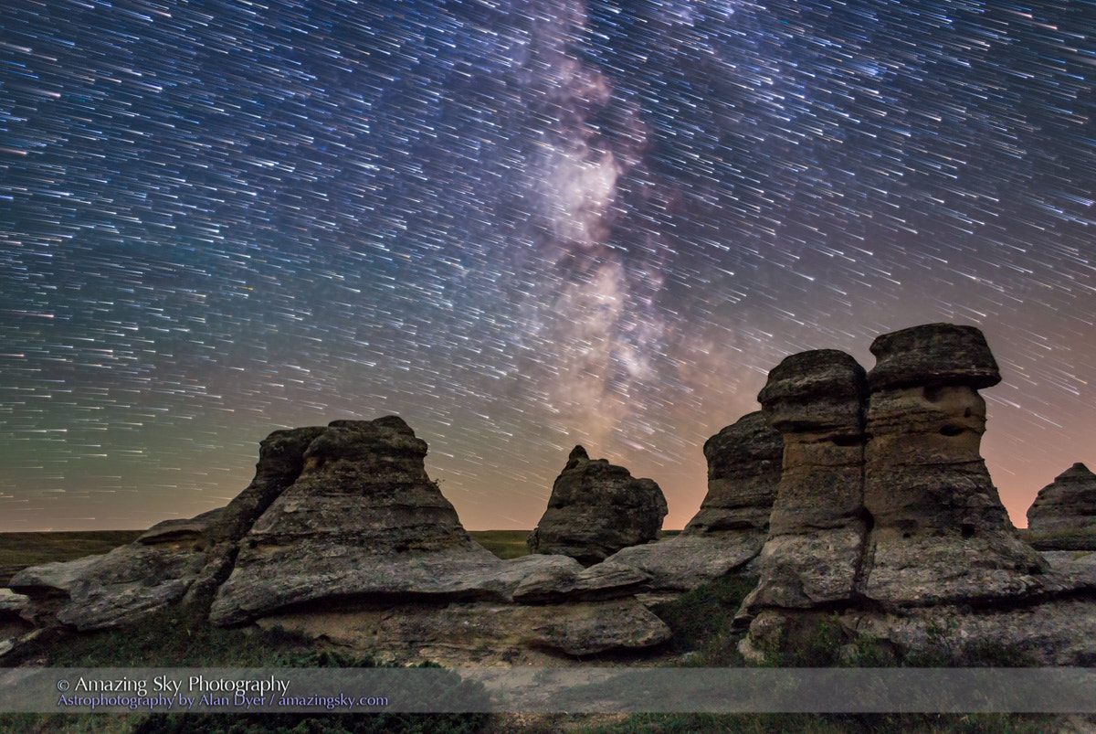 Canon EOS 6D + Canon EF 24mm f/1.4L sample photo. Milky way star trails over writing-on-stone photography