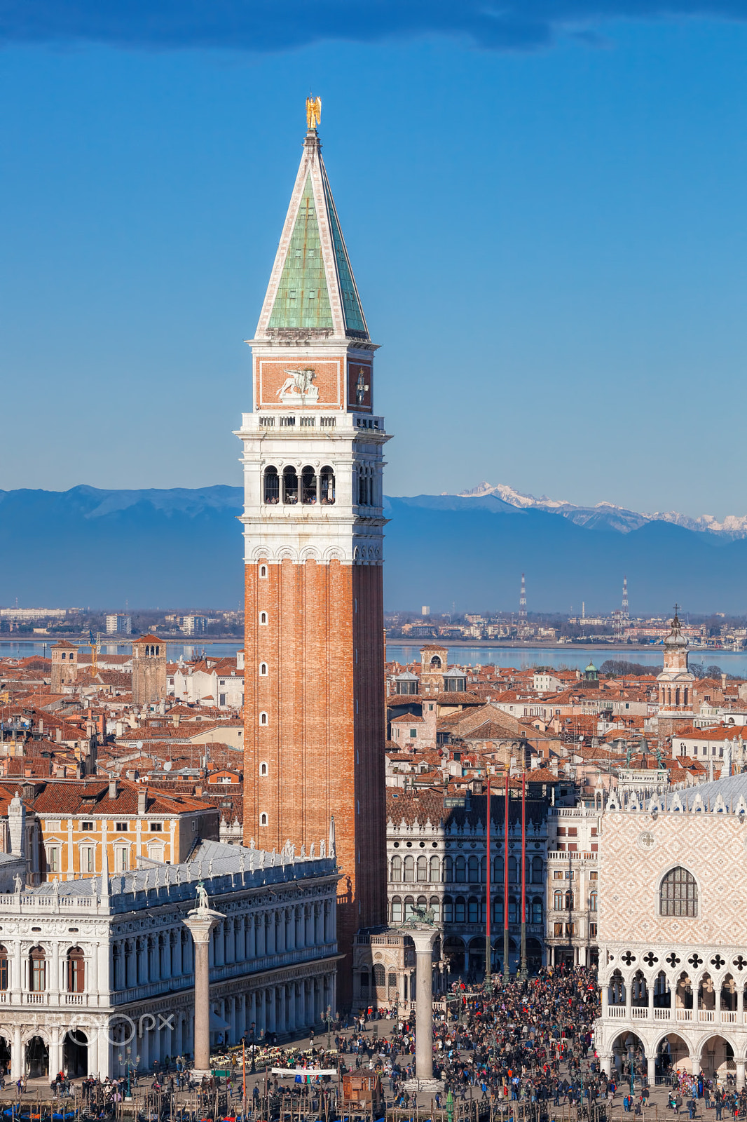 Canon EF 100-400mm F4.5-5.6L IS USM sample photo. Piazza san marco with bell tower and the doge palace against italian alps in venice, italy photography