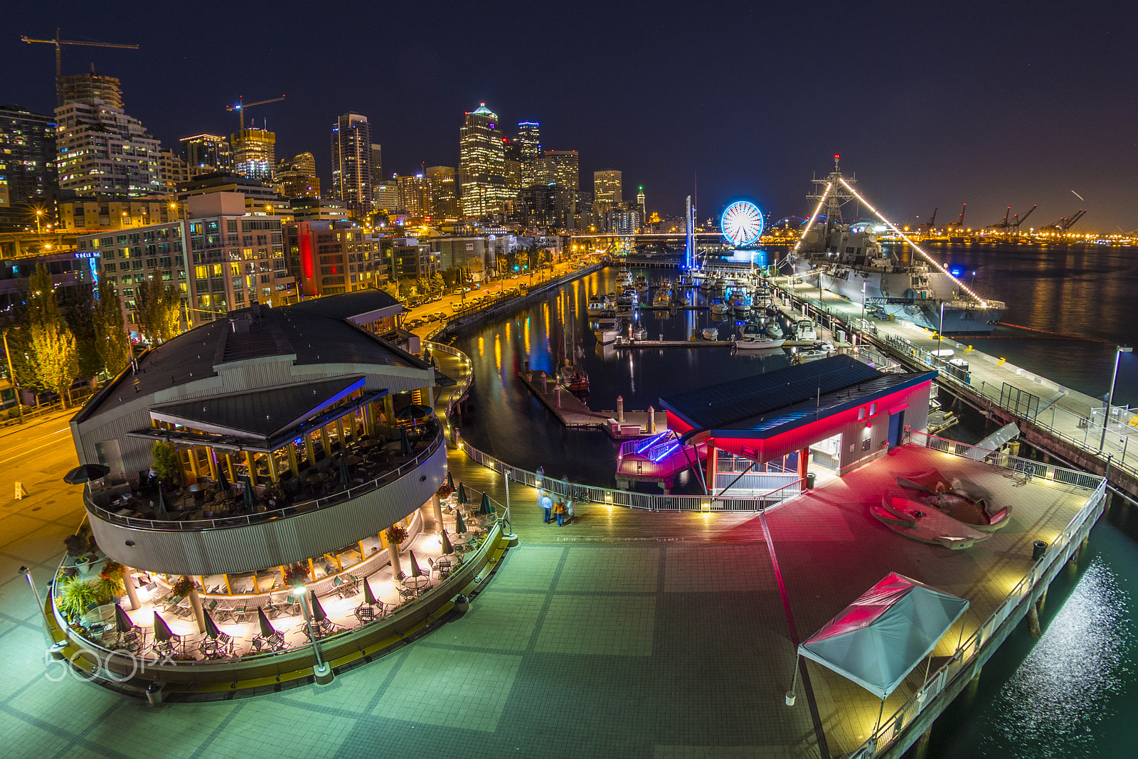 Nikon AF DX Fisheye-Nikkor 10.5mm F2.8G ED sample photo. Seattle waterfront on a summer night photography