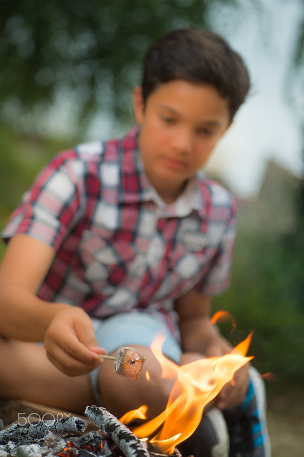 Nikon D4S sample photo. Young boy roasting marshmallows at campfire photography
