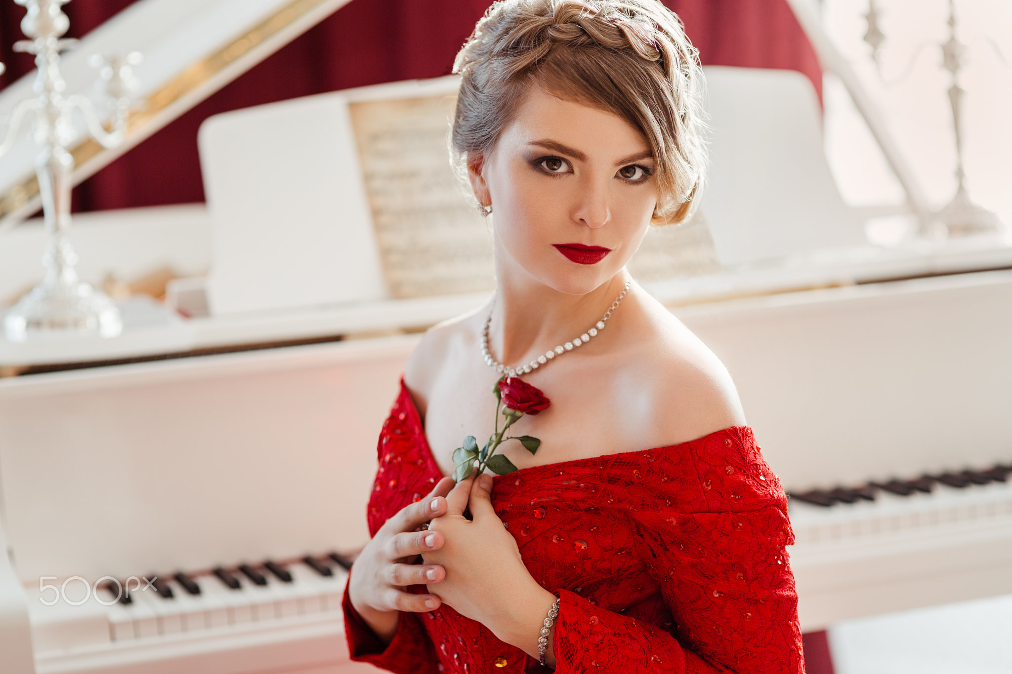 Woman in a red evening dress