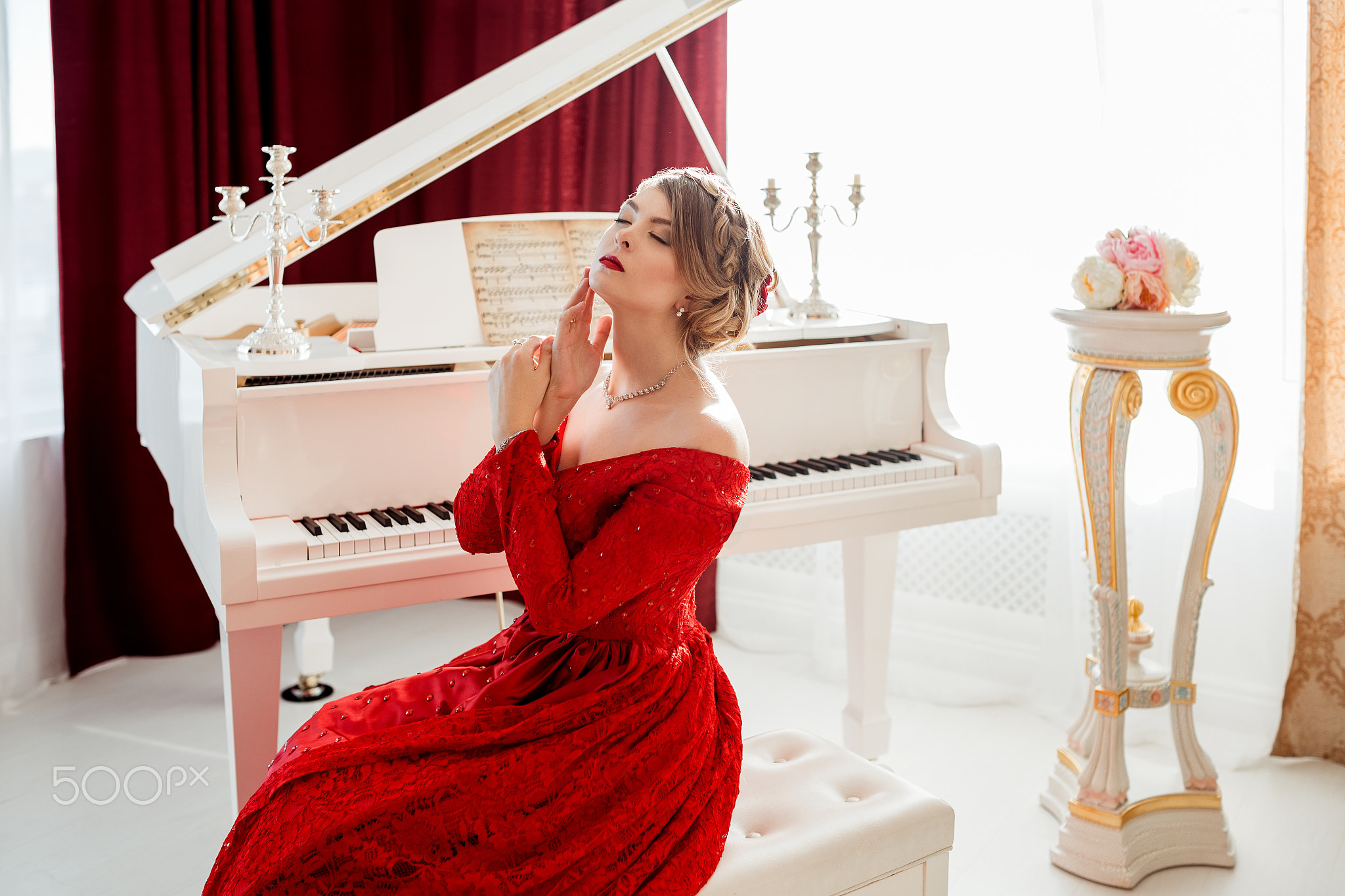 Woman in a red evening dress