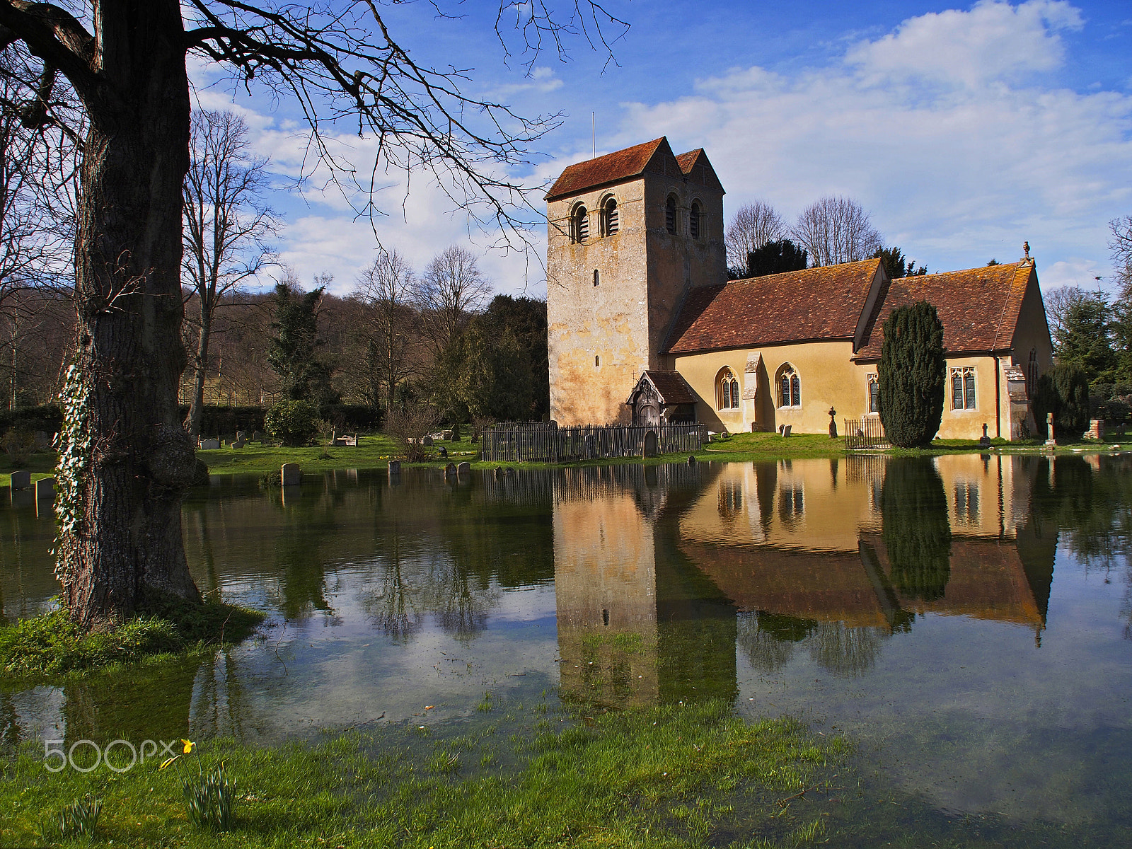 Olympus OM-D E-M5 sample photo. Church graveyard under flood water in turville,buckinghamshire. photography