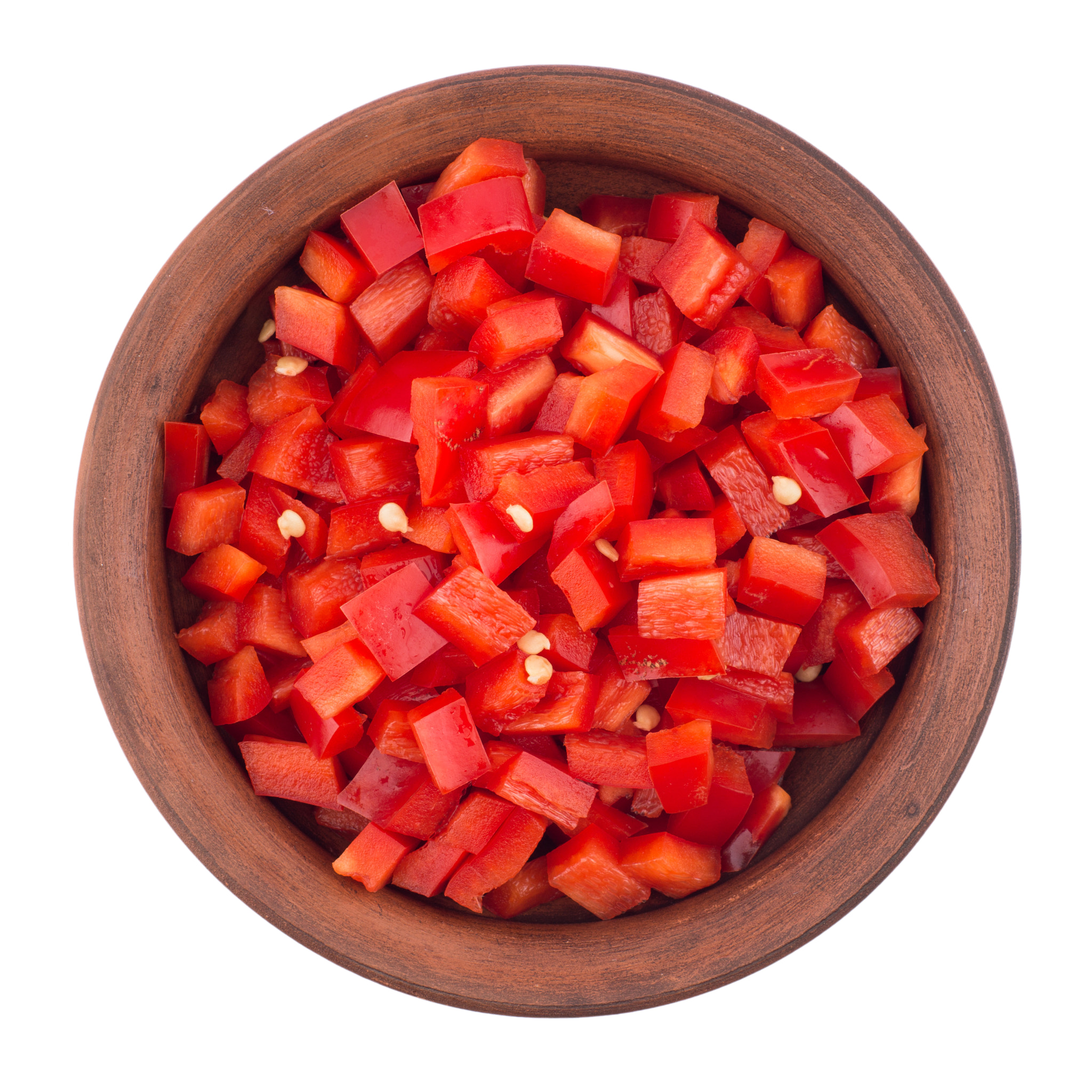 Sony a99 II + Minolta AF 50mm F1.7 sample photo. Sliced red pepper in a brown ceramic bowl. isolated on white bac photography