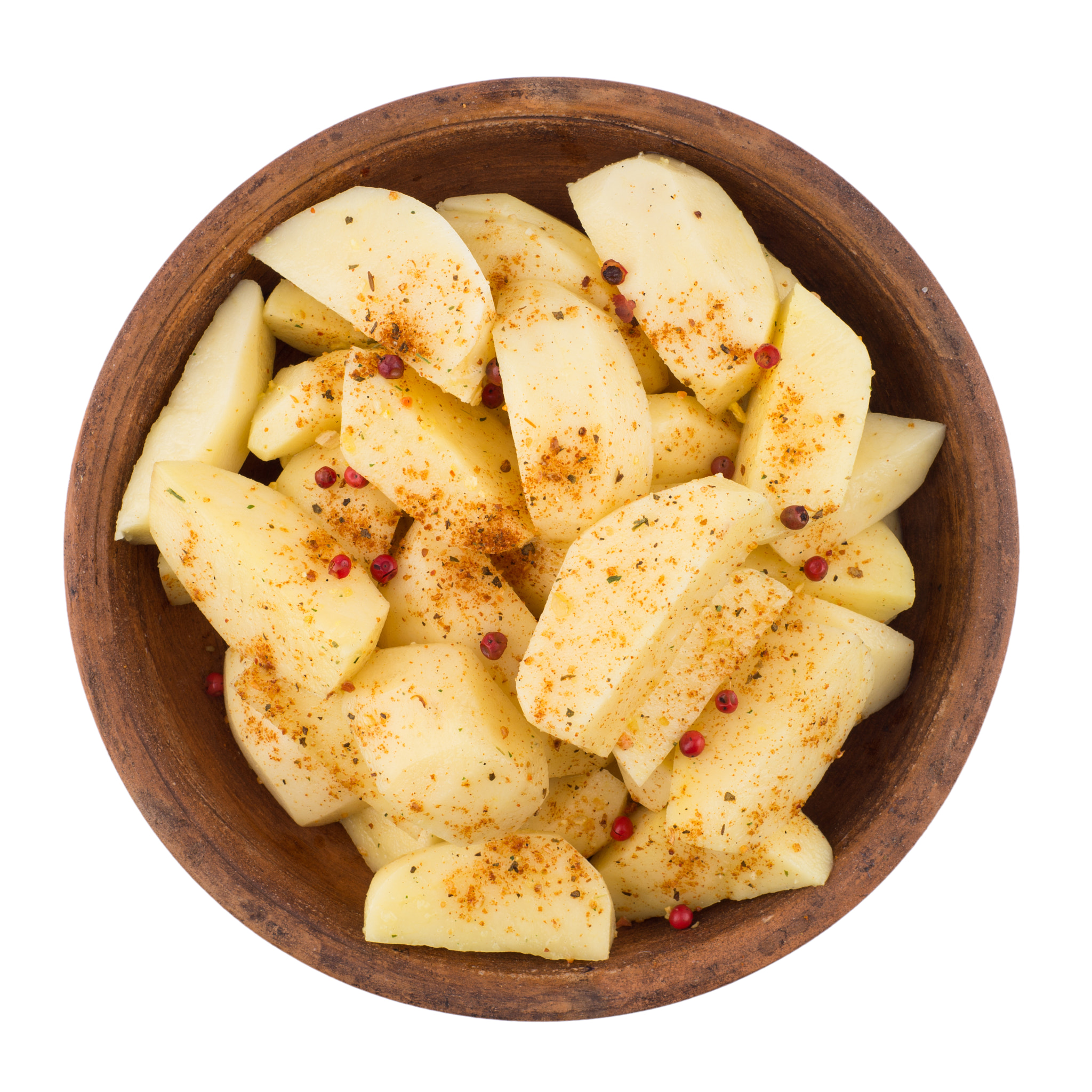 Sony a99 II + Minolta AF 50mm F1.7 sample photo. Sliced potatoes in a clay bowl isolated on white background. photography