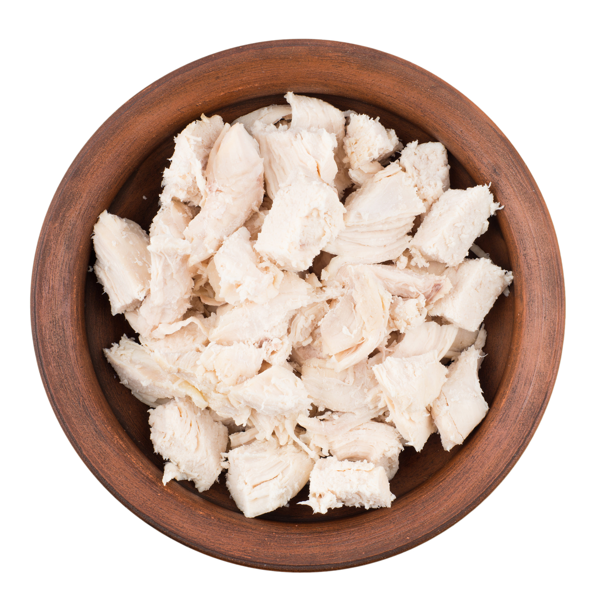 Sony a99 II + Minolta AF 50mm F1.7 sample photo. Boiled chicken meat in a ceramic bowl. white isolated background photography